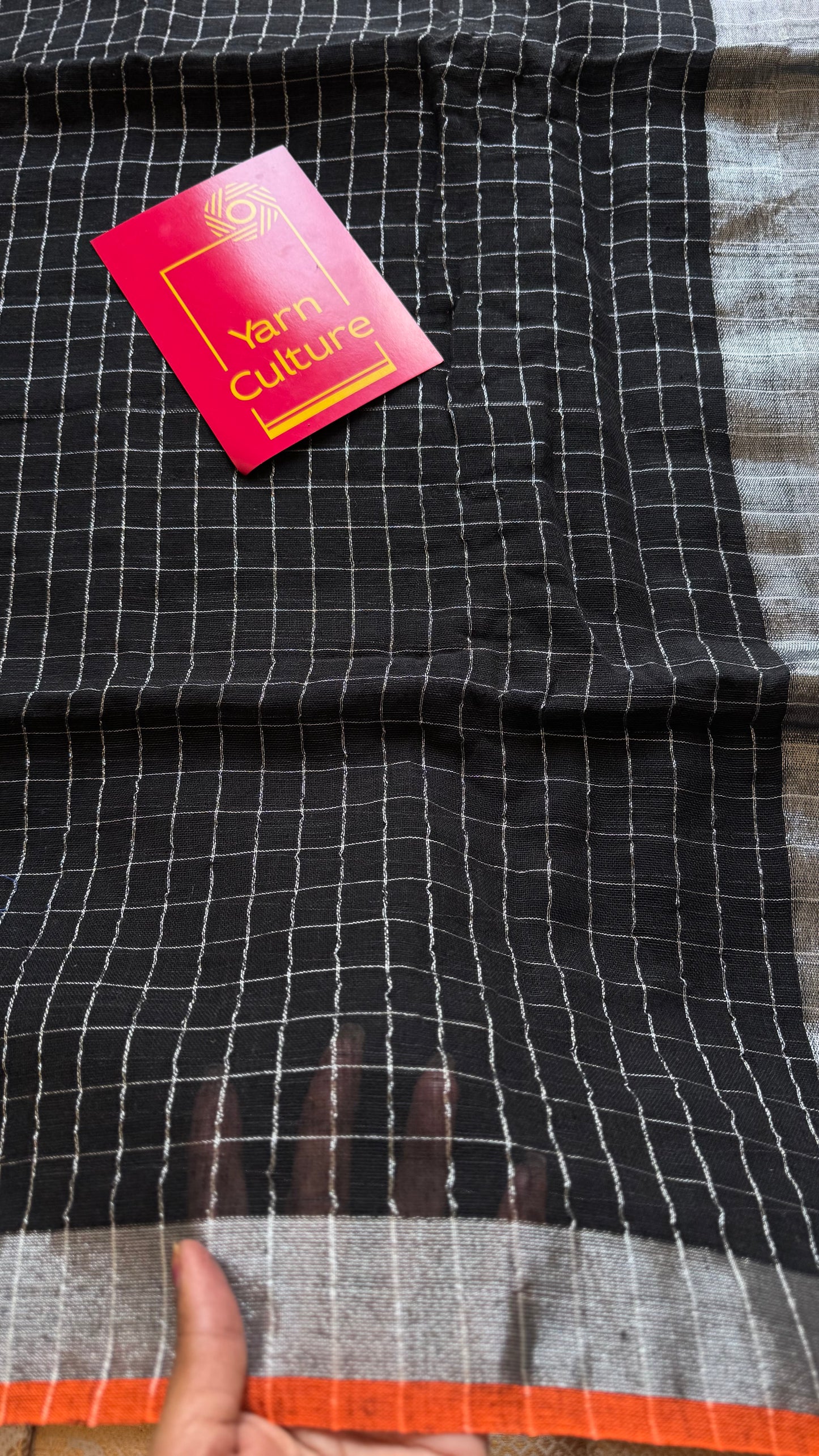 Black linen by cotton saree, silver checks & zari pallu - YCBCLCAP55