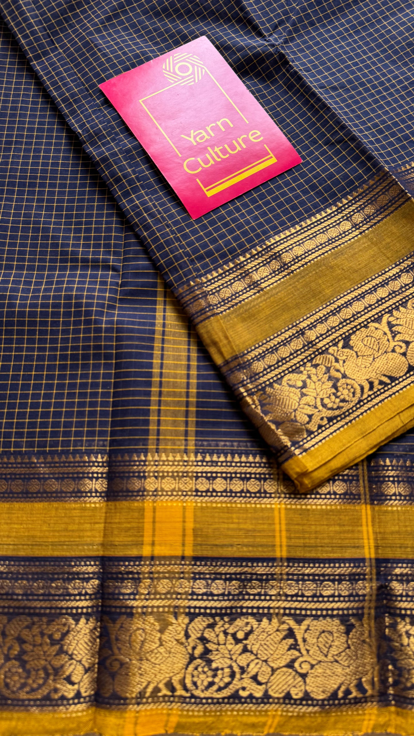 Kanchi cotton saree, dark blue checks with korvai border - YCCOTNAP72