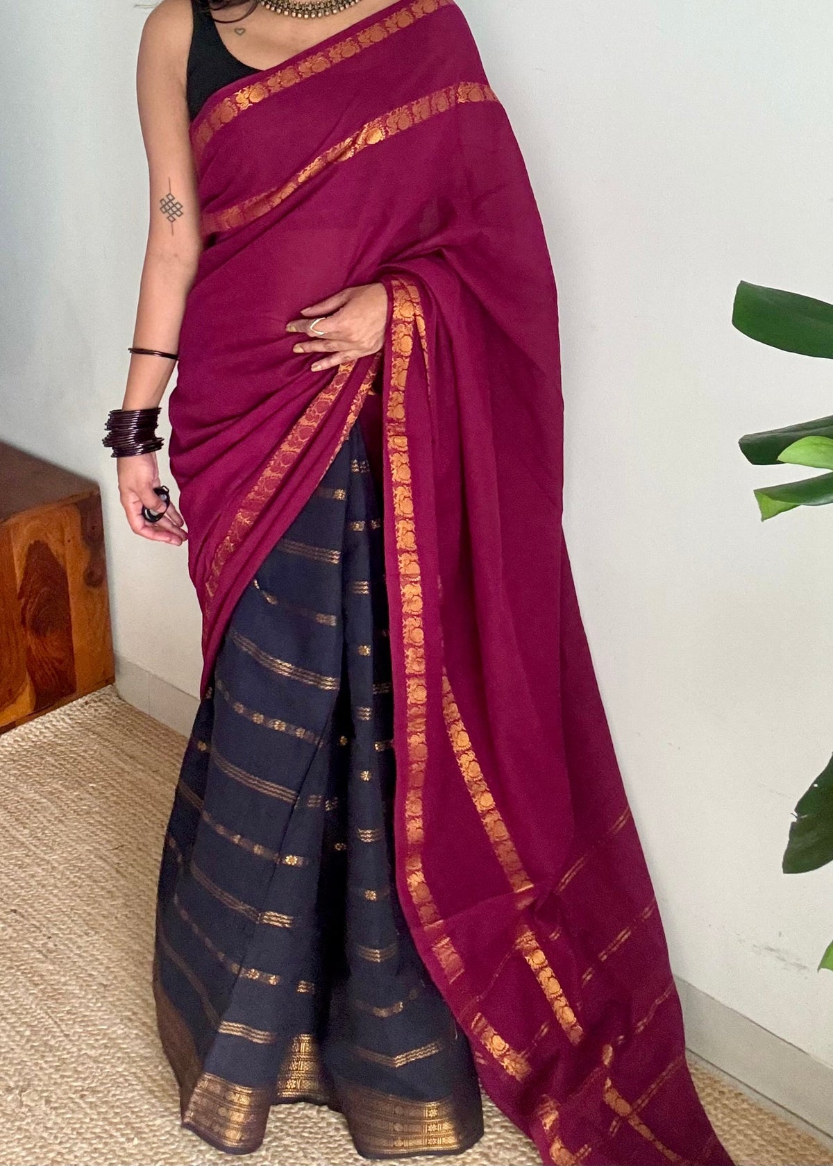 Purple pink (vadamalli) and black velthaari, sungudi cotton half-half saree - YCCOTNIDOC26