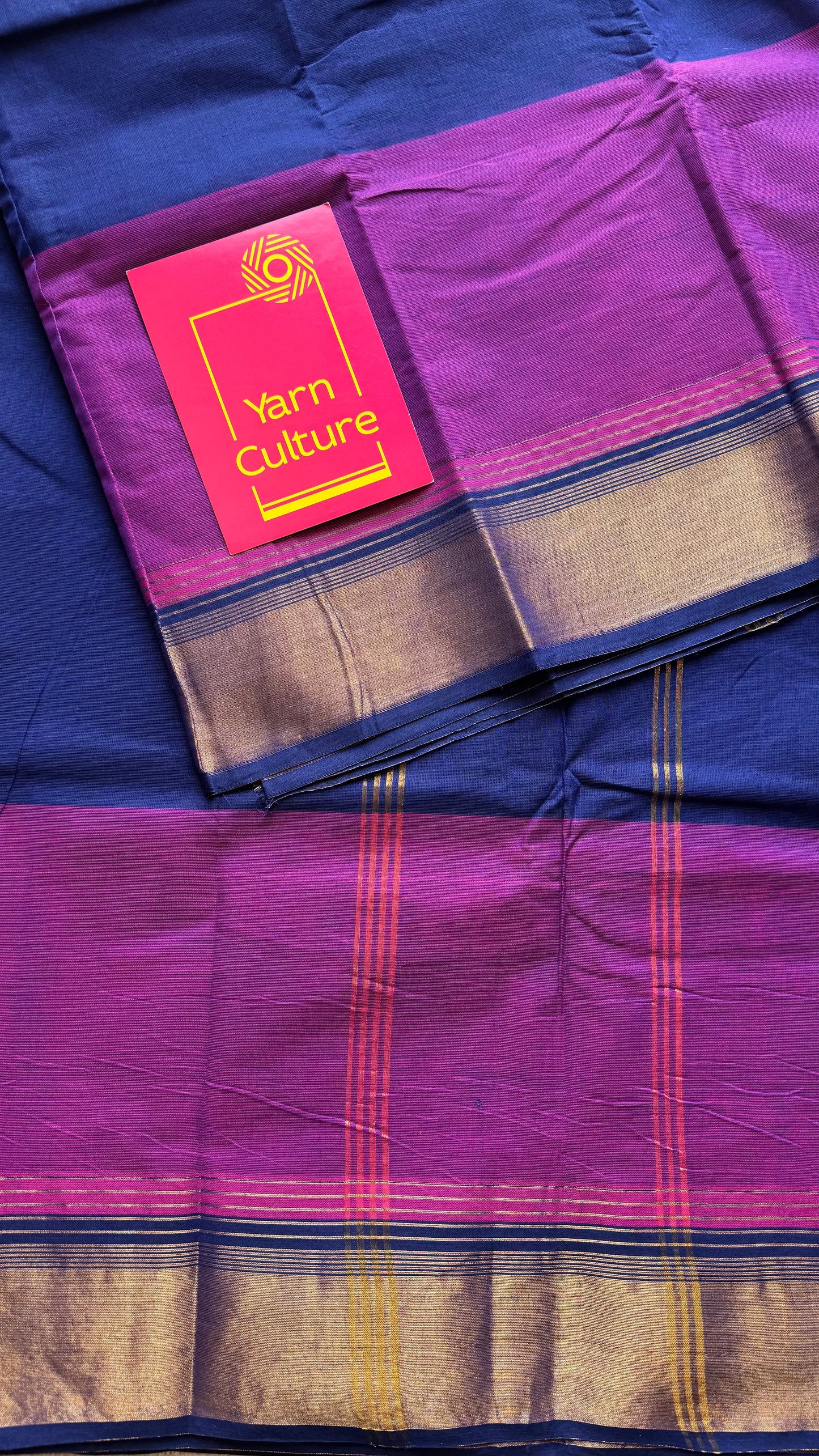 Dark blue and magenta Chettinad cotton saree with antique gold zari border - YCCOTNCCFE154