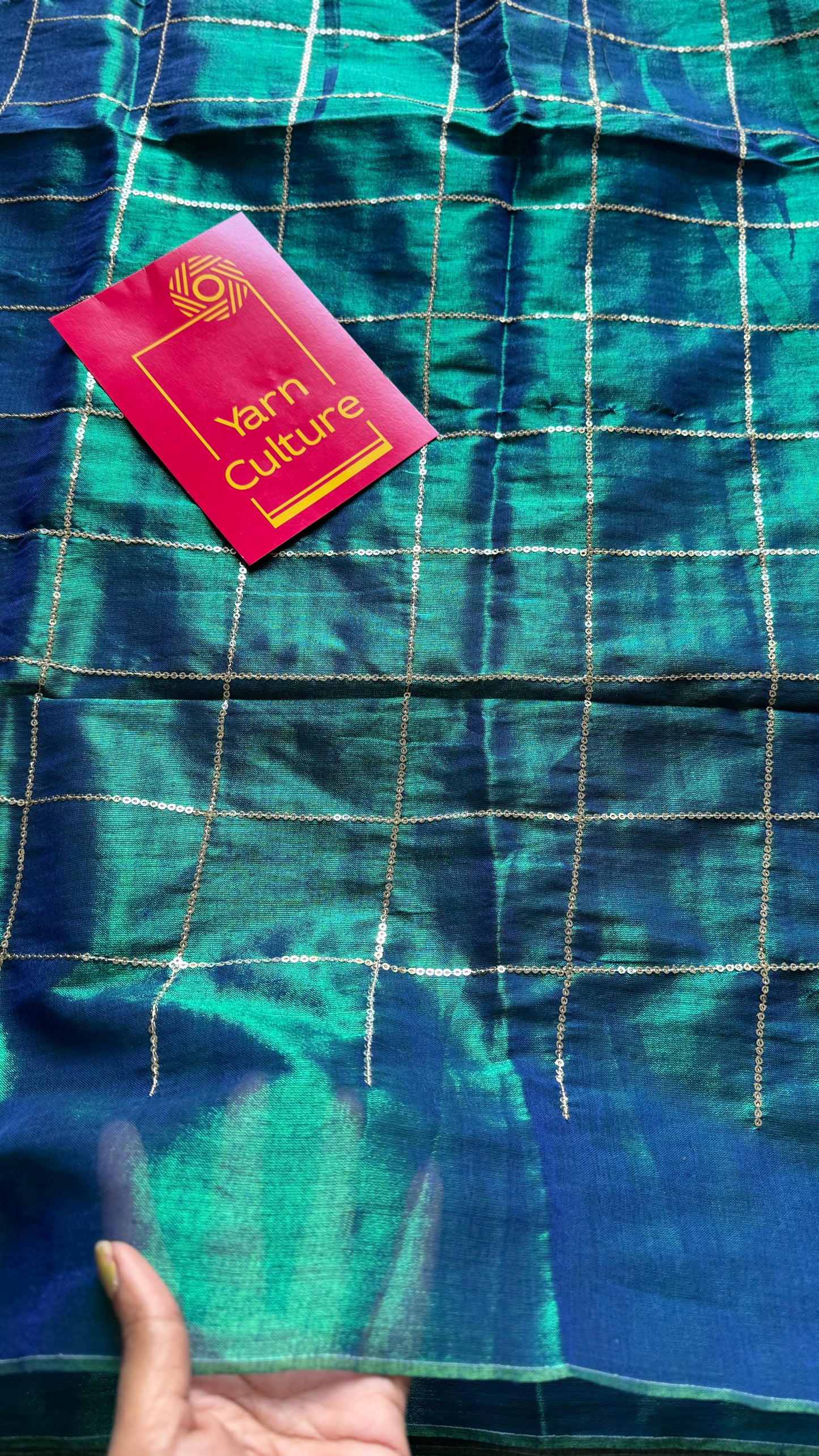 Peacock blue, checkered sequins work, mul tissue - YCBCMCJA09