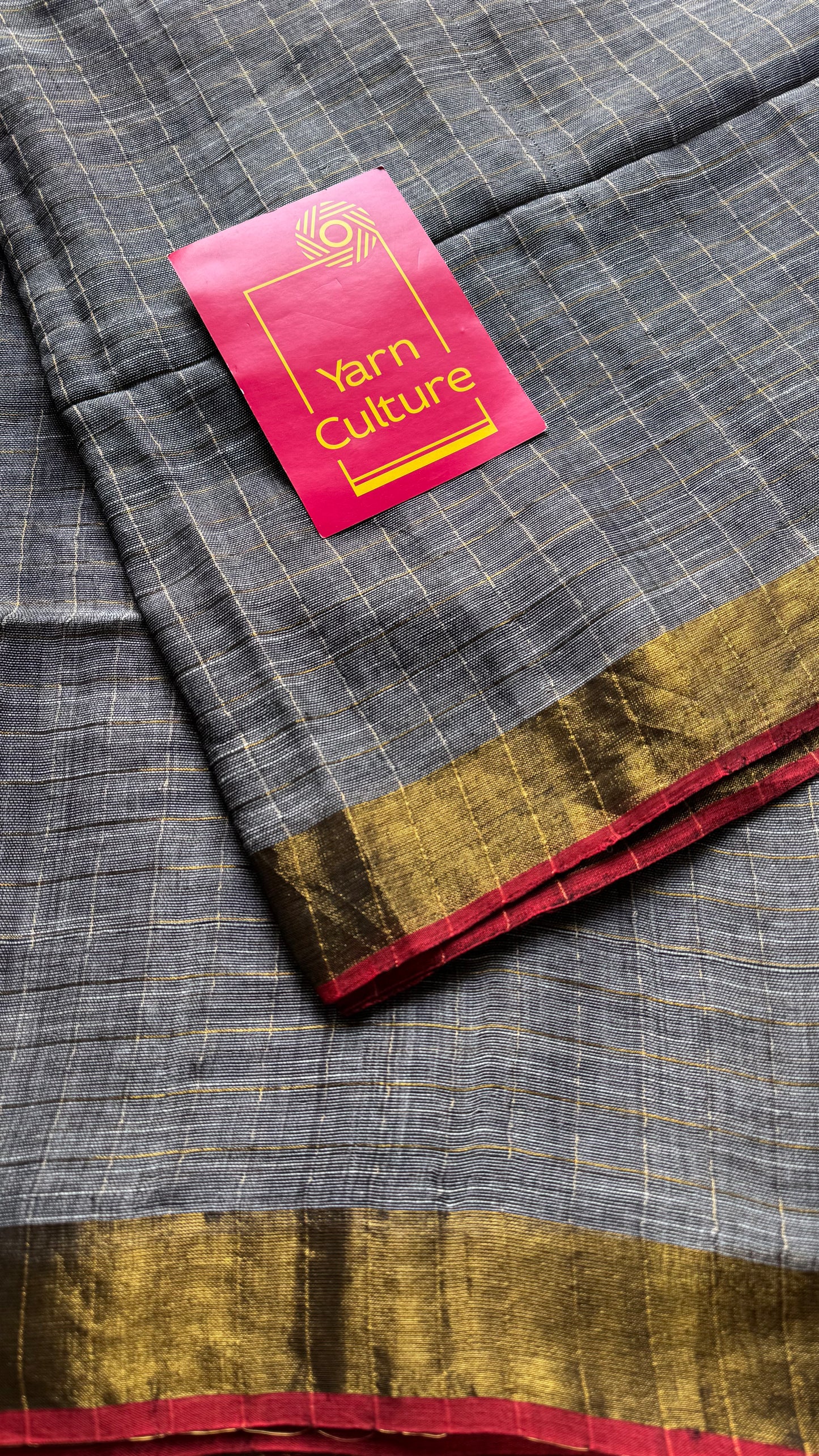 Grey linen by cotton saree, gold checks & gold zari pallu - YCBCLCFE388