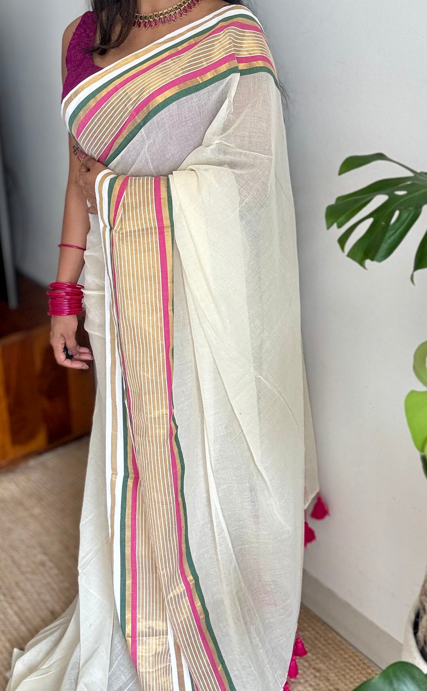Ivory mul saree, hot pink, green and gold striped border - YCIEON14