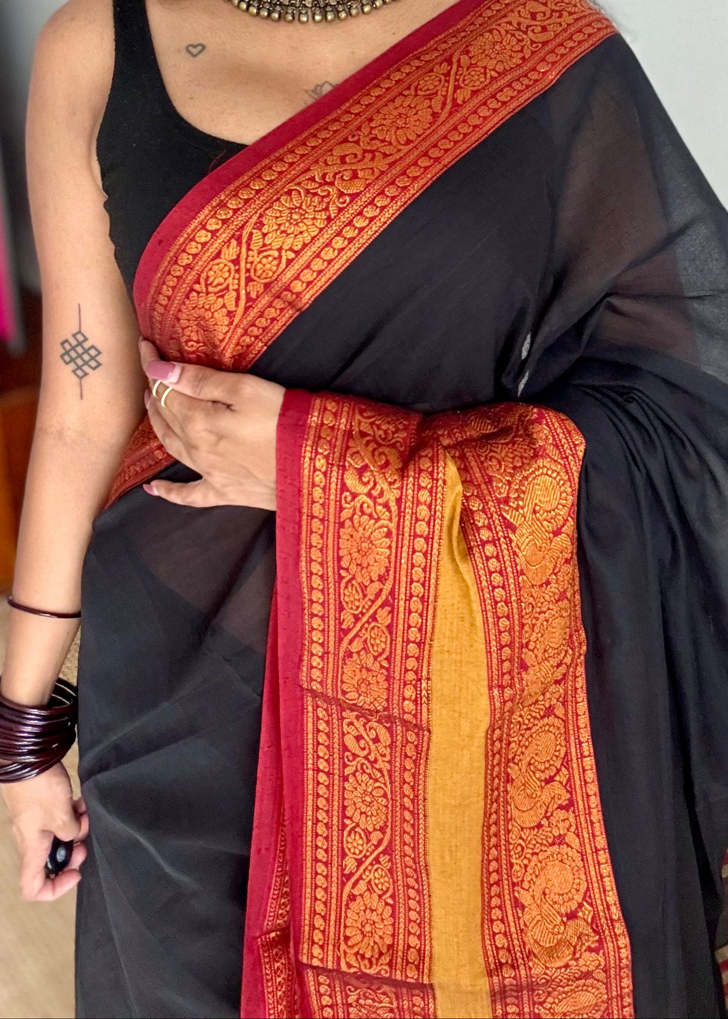 Black with red wide border, narayanpet soft cotton saree - YCWOTDAUG06