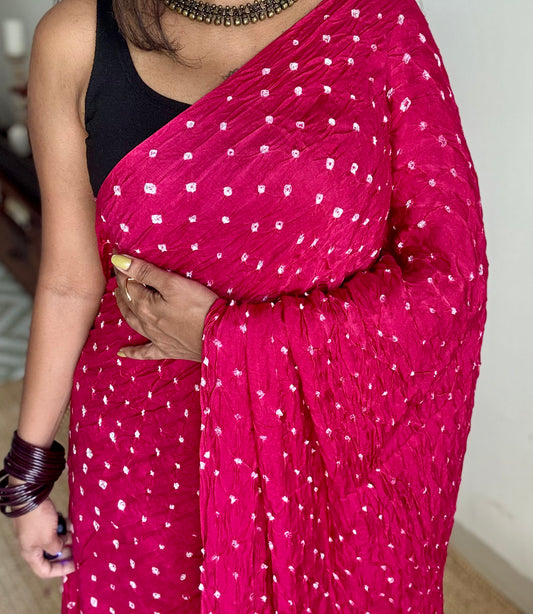 Rani pink, crushed bandhej pure modal silk saree with lagdi patta zari pallu - YCTOKBM332
