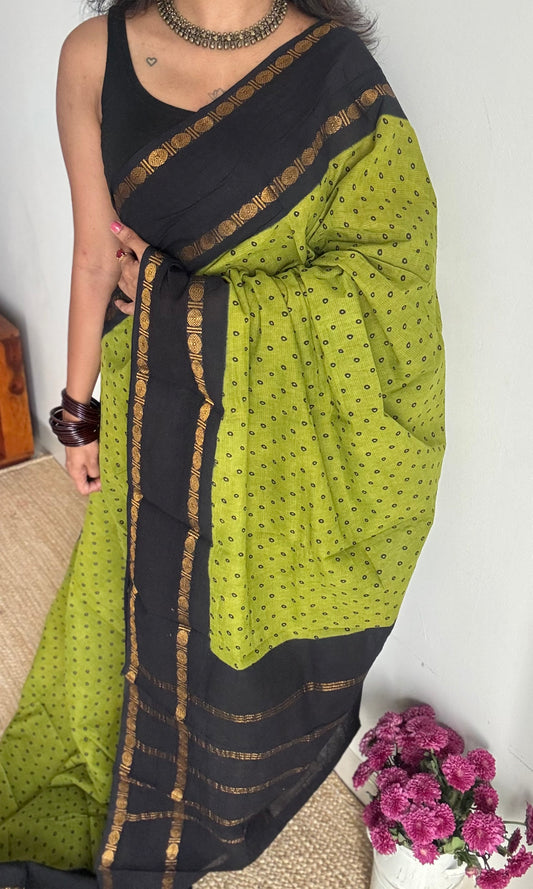 Green with black, sungudi motif and rudraksham border, madurai soft cotton - YCCOTNAUSC03