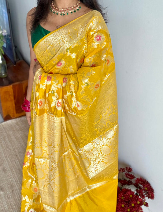 Yellow meenakari floral pattern in silver zari, Banarasi katan dupion silk - YCDESE11