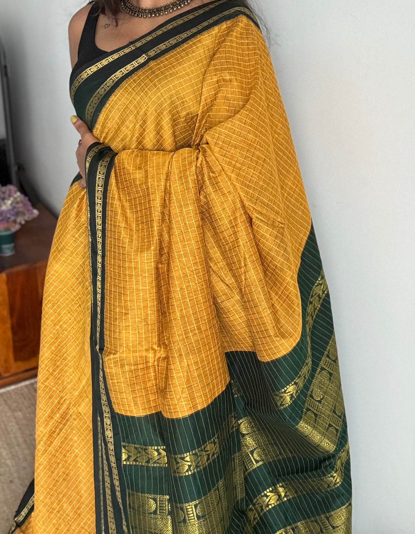 Mustard yellow with dark green contrast arani checkered saree, cotton silk - YCCOTNKCFE70