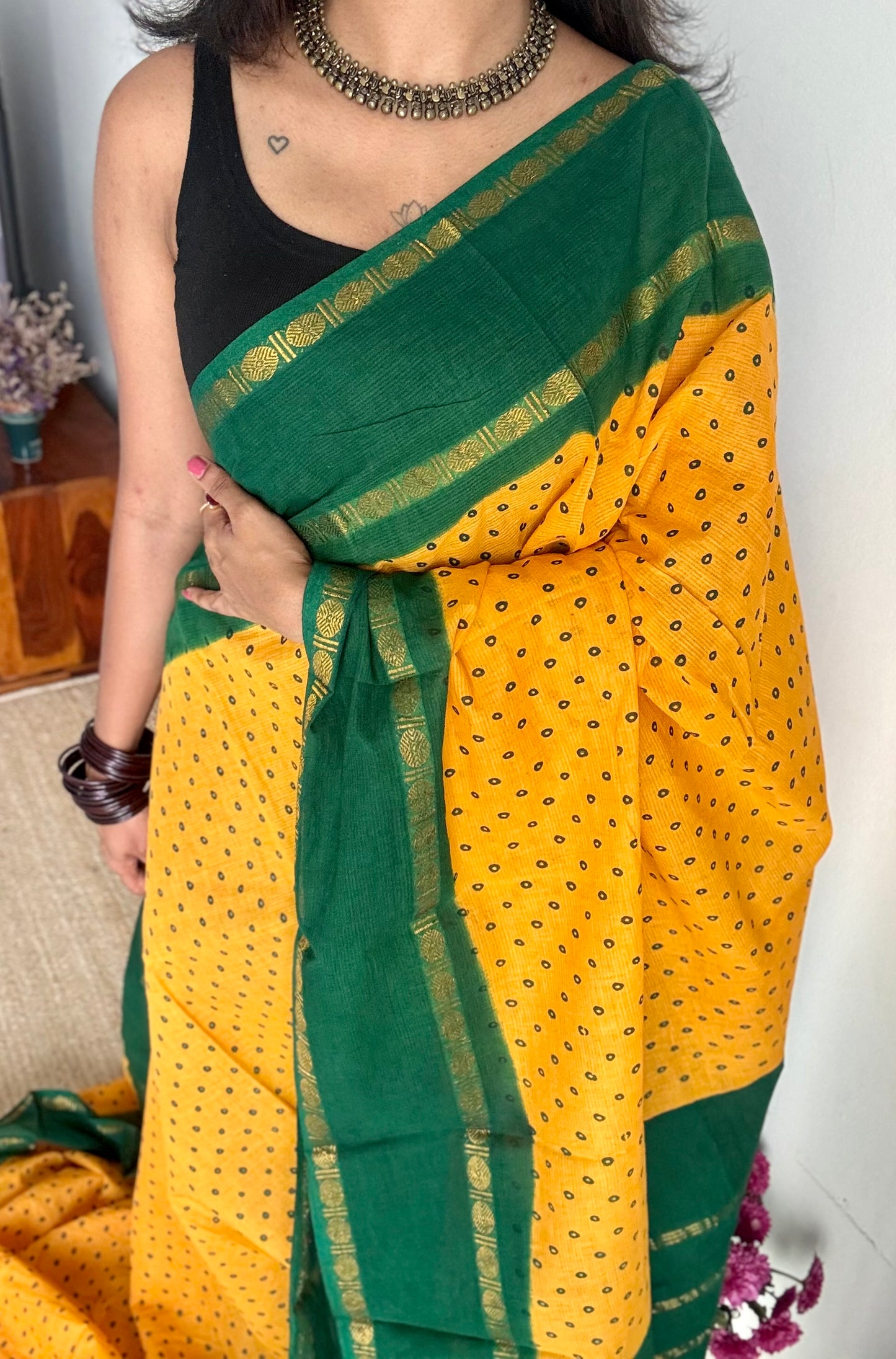 Yellow with green, sungudi motif and rudraksham border, madurai soft cotton - YCCOTNAUSC06