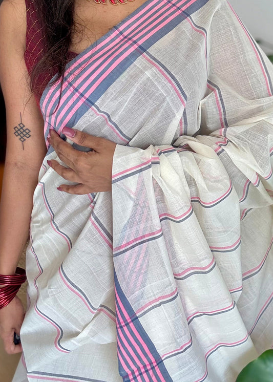 Handloom, woven in Chendamangalam Looms, ivory with grey pink border, striped soft cotton saree - YCIEON152