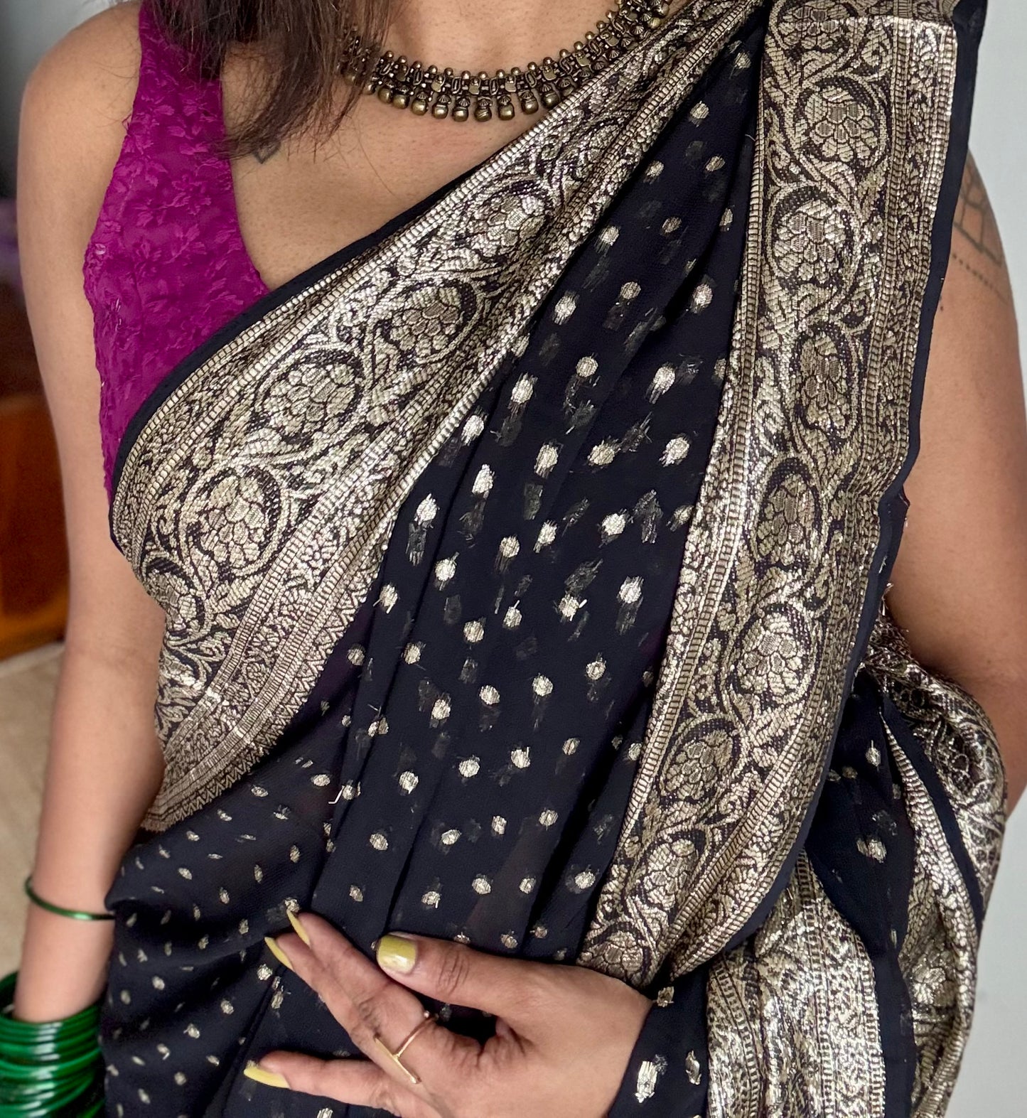 Black viscose georgette saree with zari motifs - YCDOSFE206