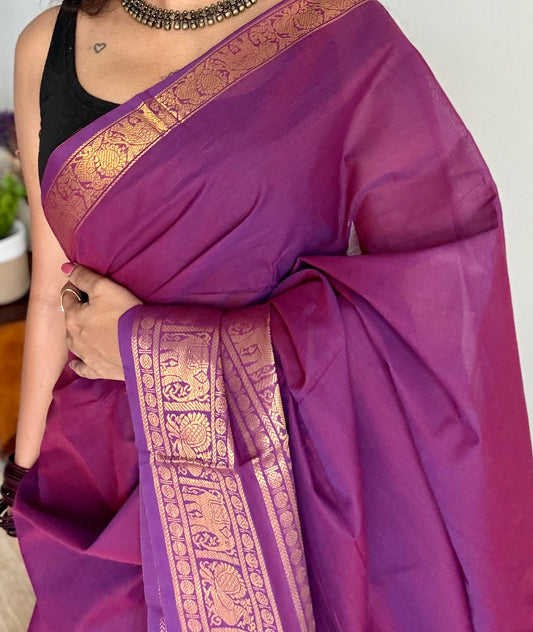 Kanchi cotton saree, purple pink with wide zari border - YCCOTNAP89