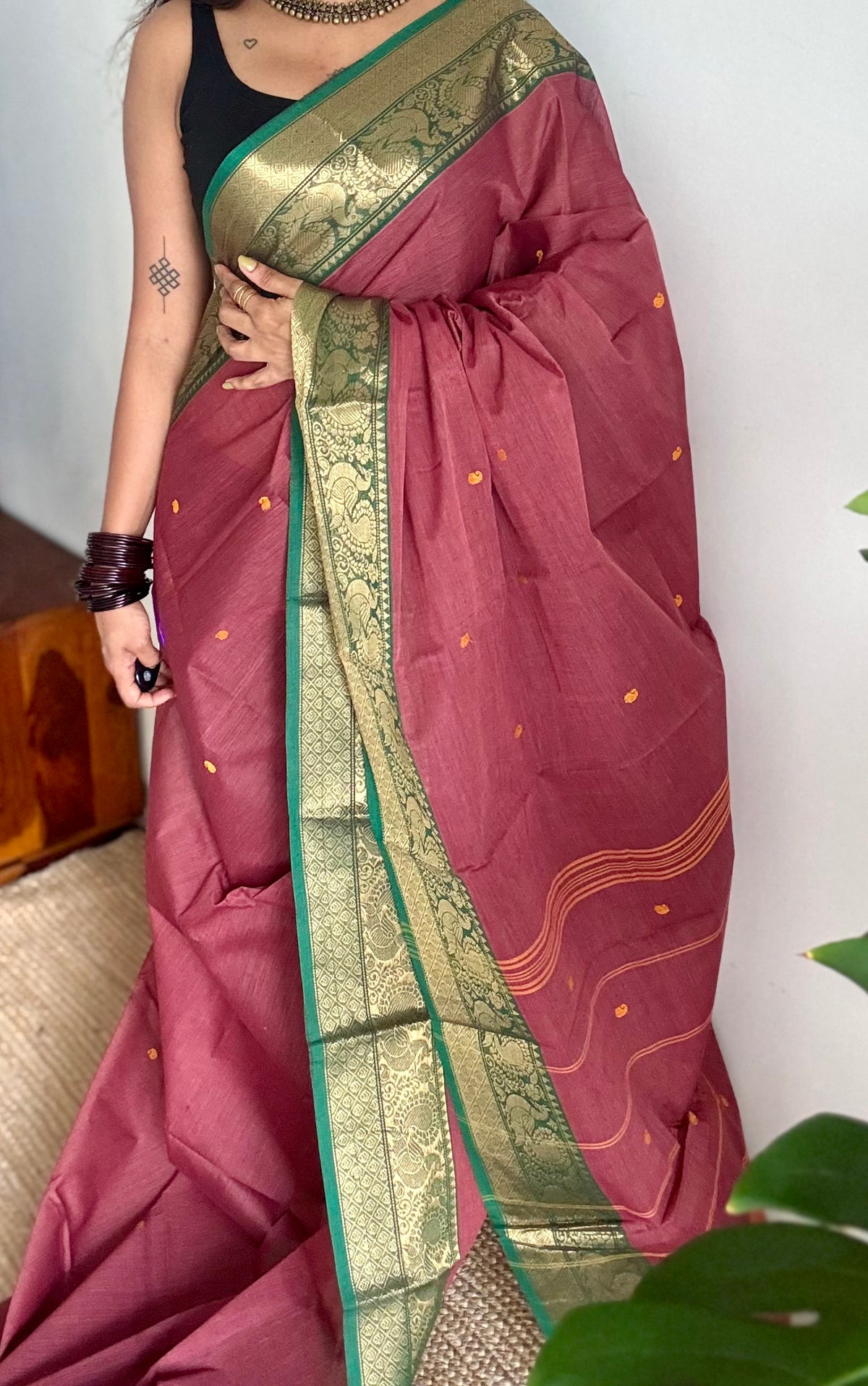 Terracotta red with green zari border kanchi cotton saree - YCCOTNCKSE18