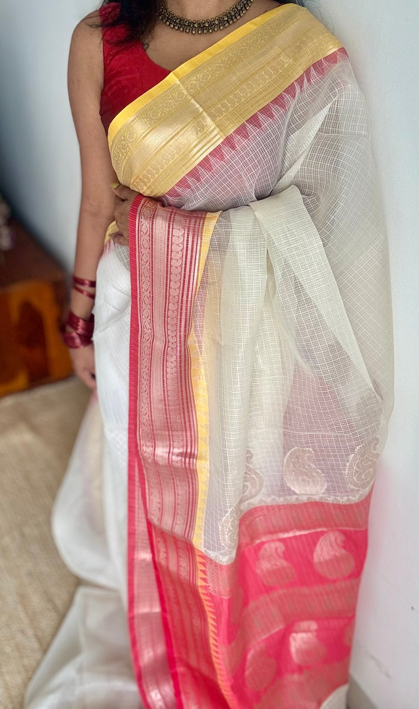 Cream with red and yellow contrast borders, kota doria with zari - YCBCDP14
