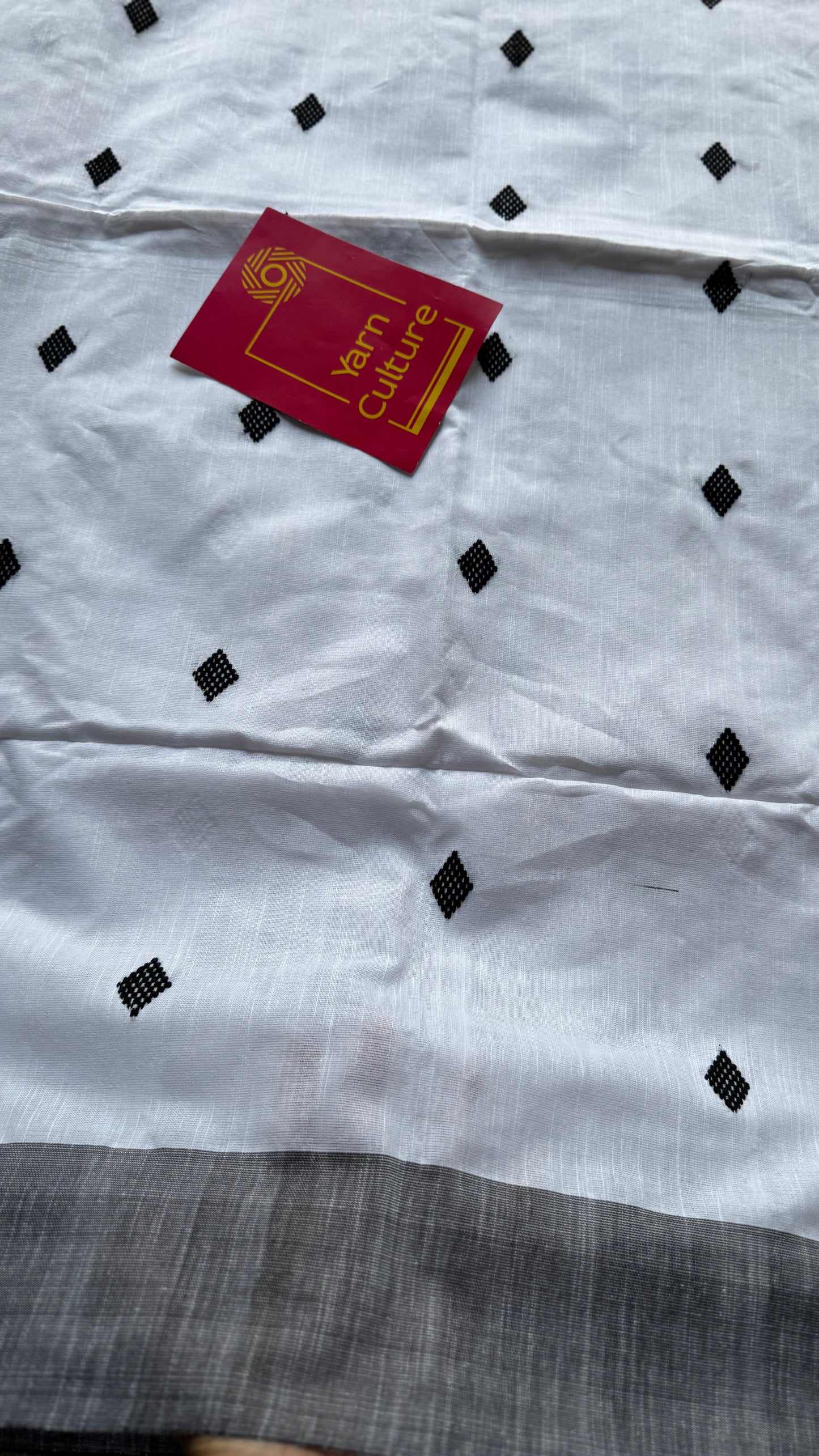 White with black, soft khadi cotton with woven motifs - YCBCKCDE23