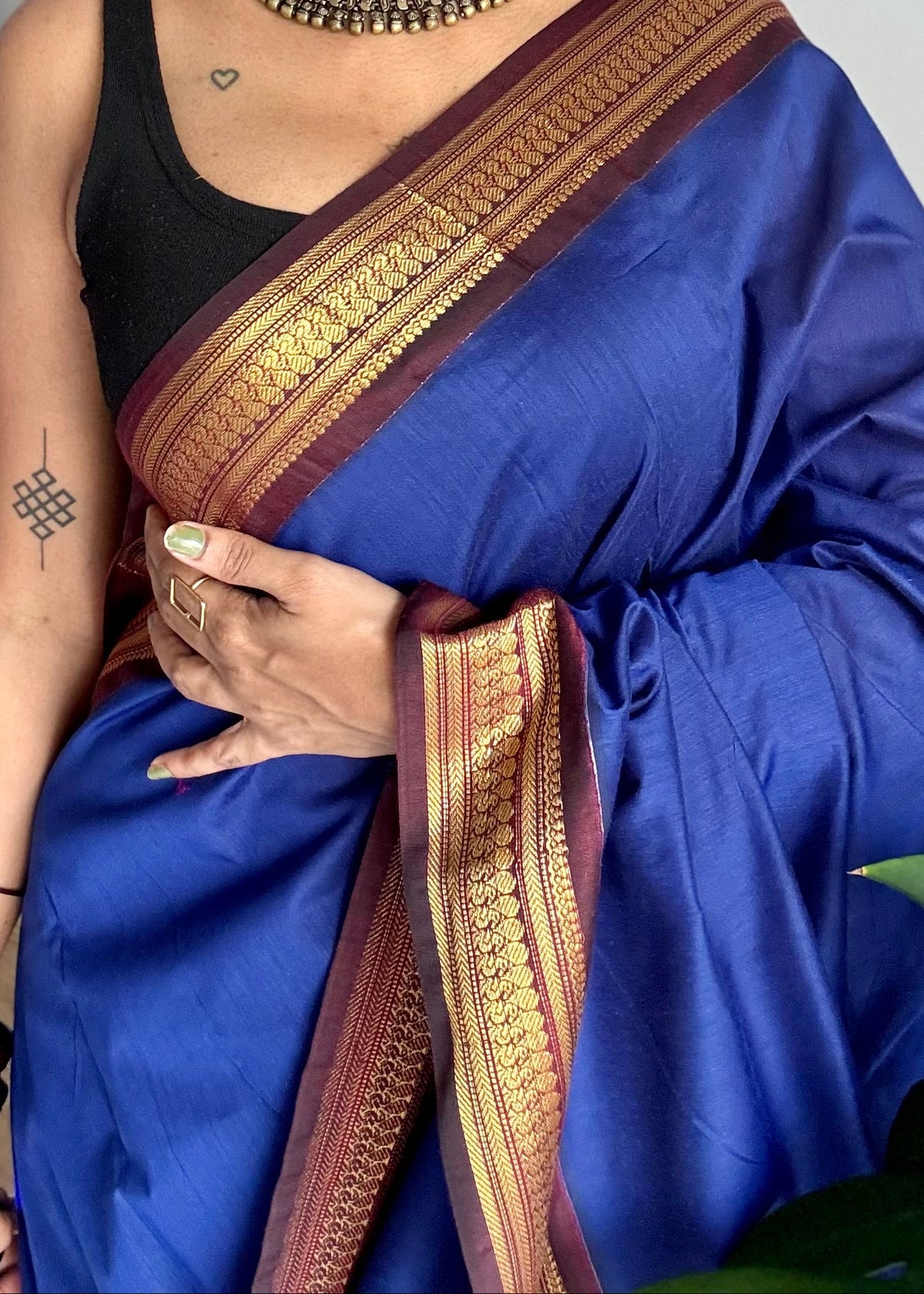 Royal blue with brown, cotton silk saree with zari border - YCCOTNKCOC106