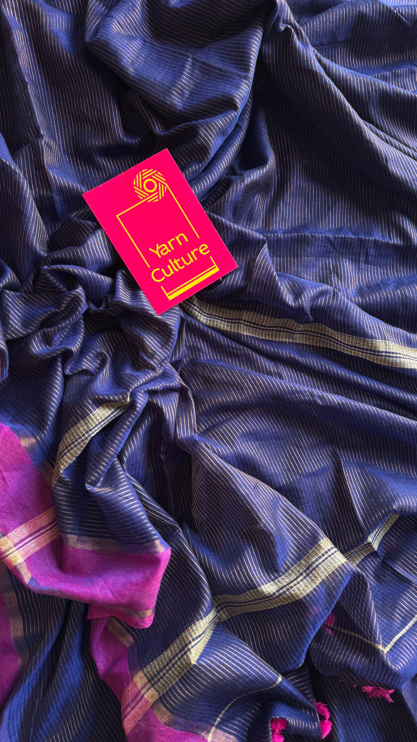 Dark blue with magenta gap border, gold zari stripes, soft cotton - YCBCKCZDE129