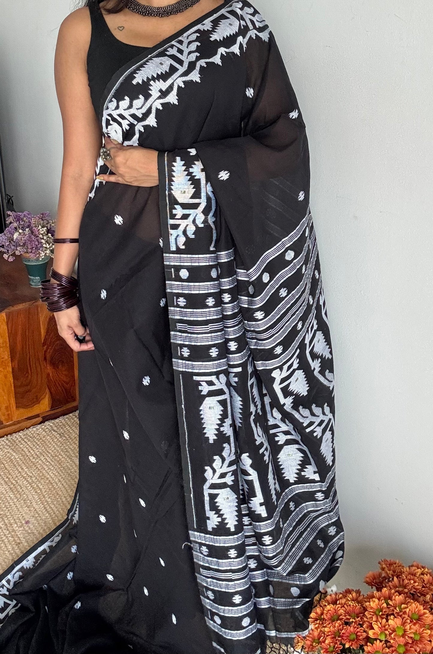 Black with white contrast jamdani saree in soft handloom cotton - YCBCJDFE377