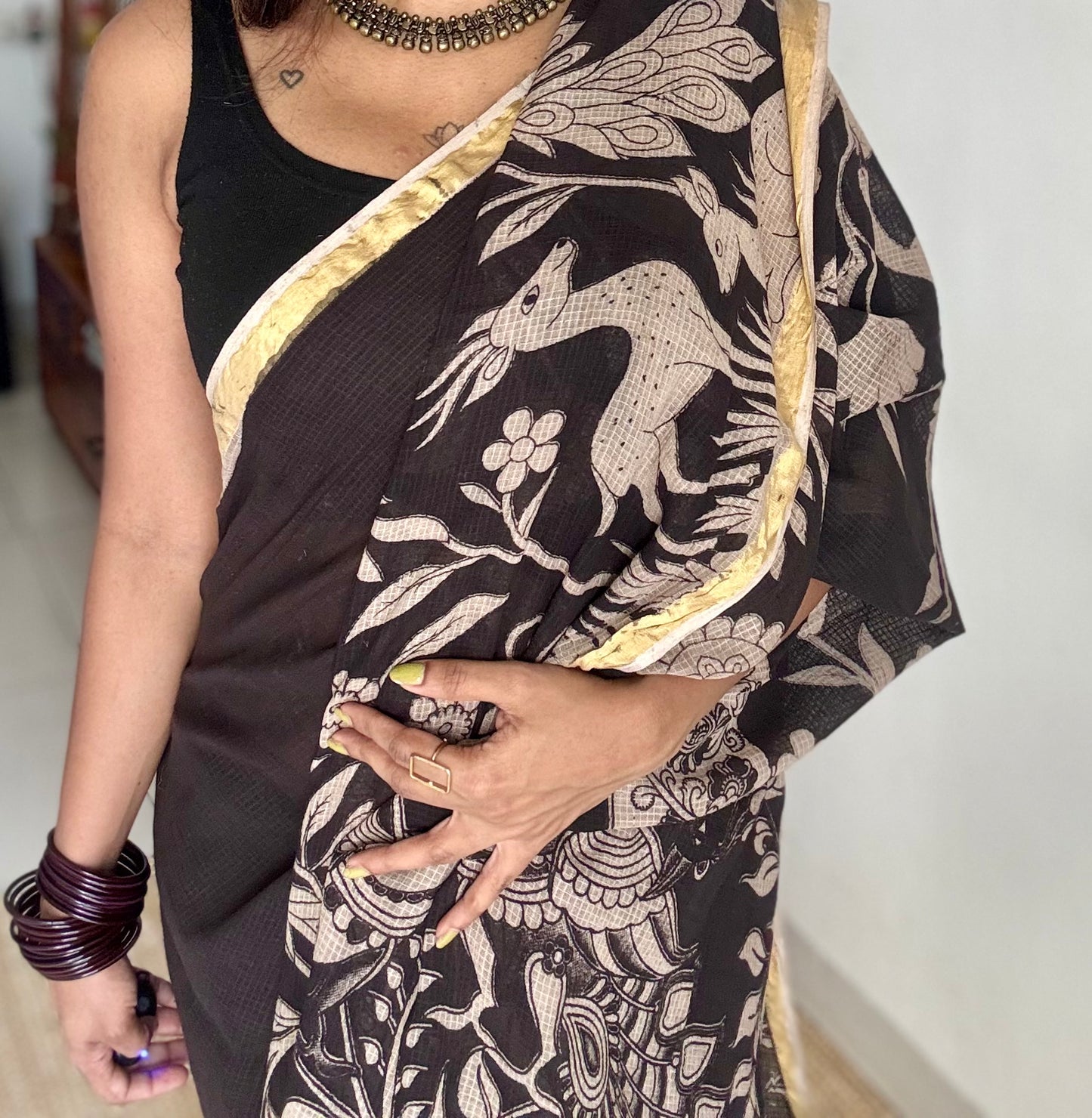 Black floral kalamkari saree in kota - YCWOTDMA356