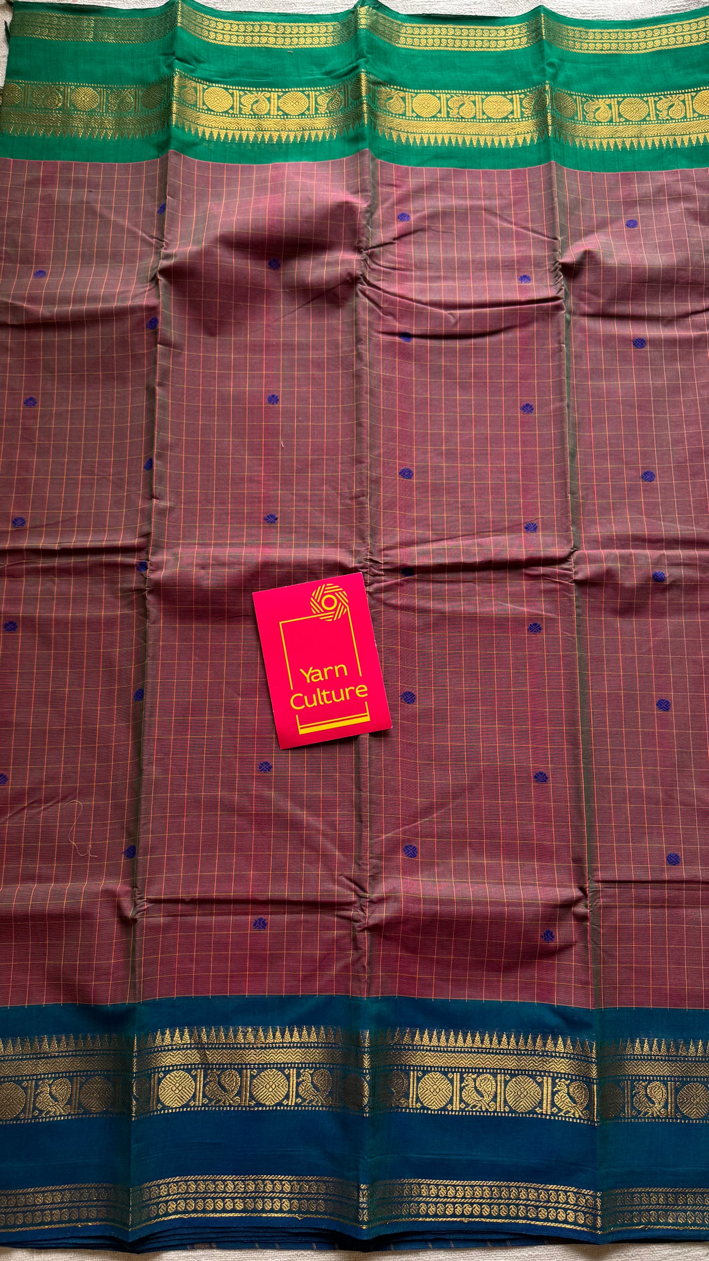 Kanchi cotton saree, light brown checks with green and peacock blue dual toned border - YCCOTNAP77