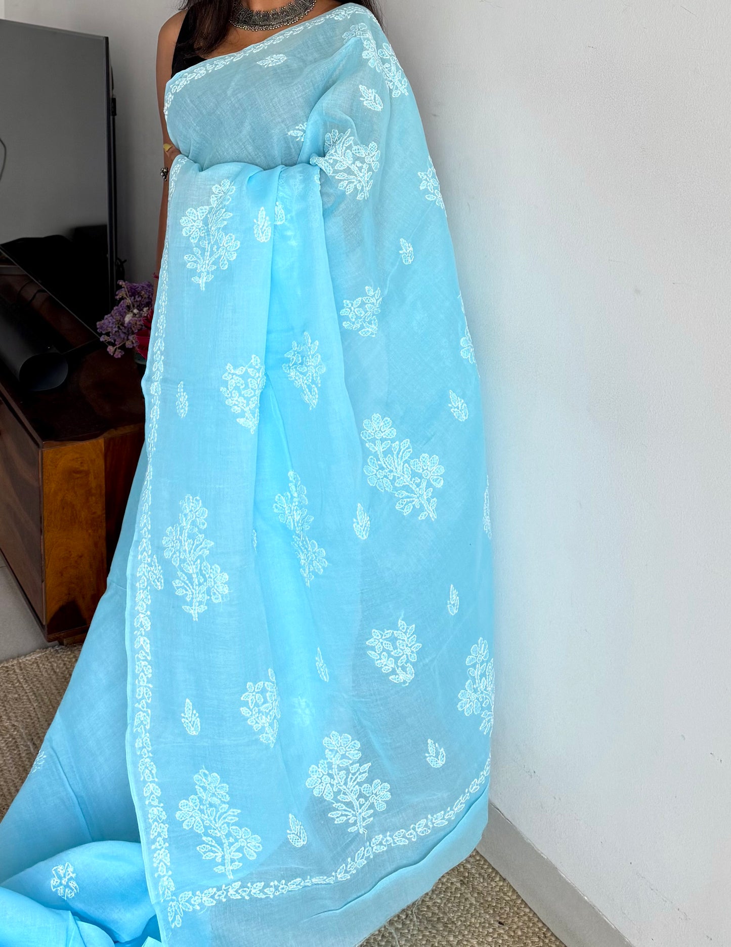 Falak - sky blue hand-embroidered chikankari cotton saree - YCLCKFE424