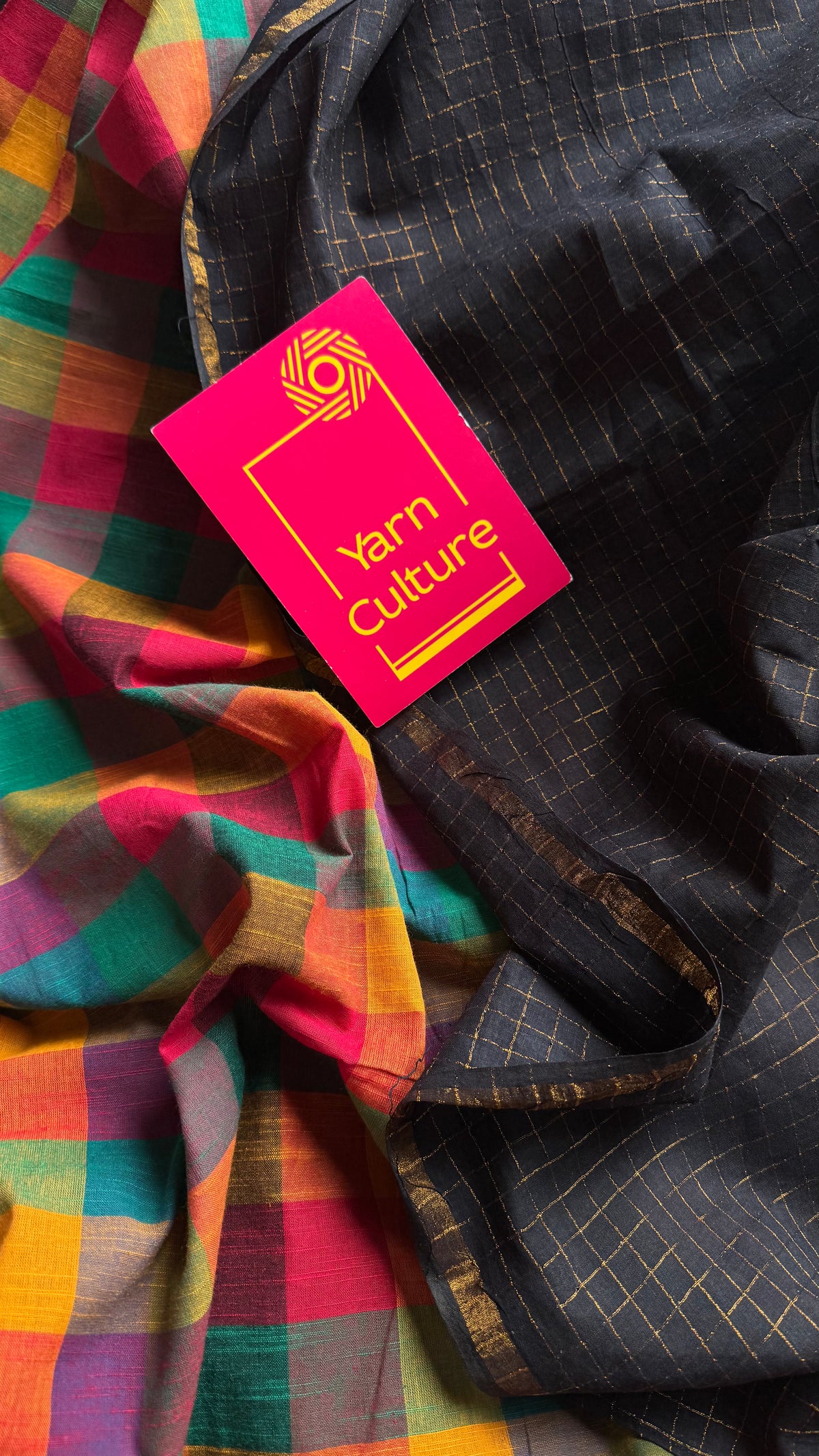 Black with multicoloured checks, cotton half-half saree - YCCOTNIDOC42