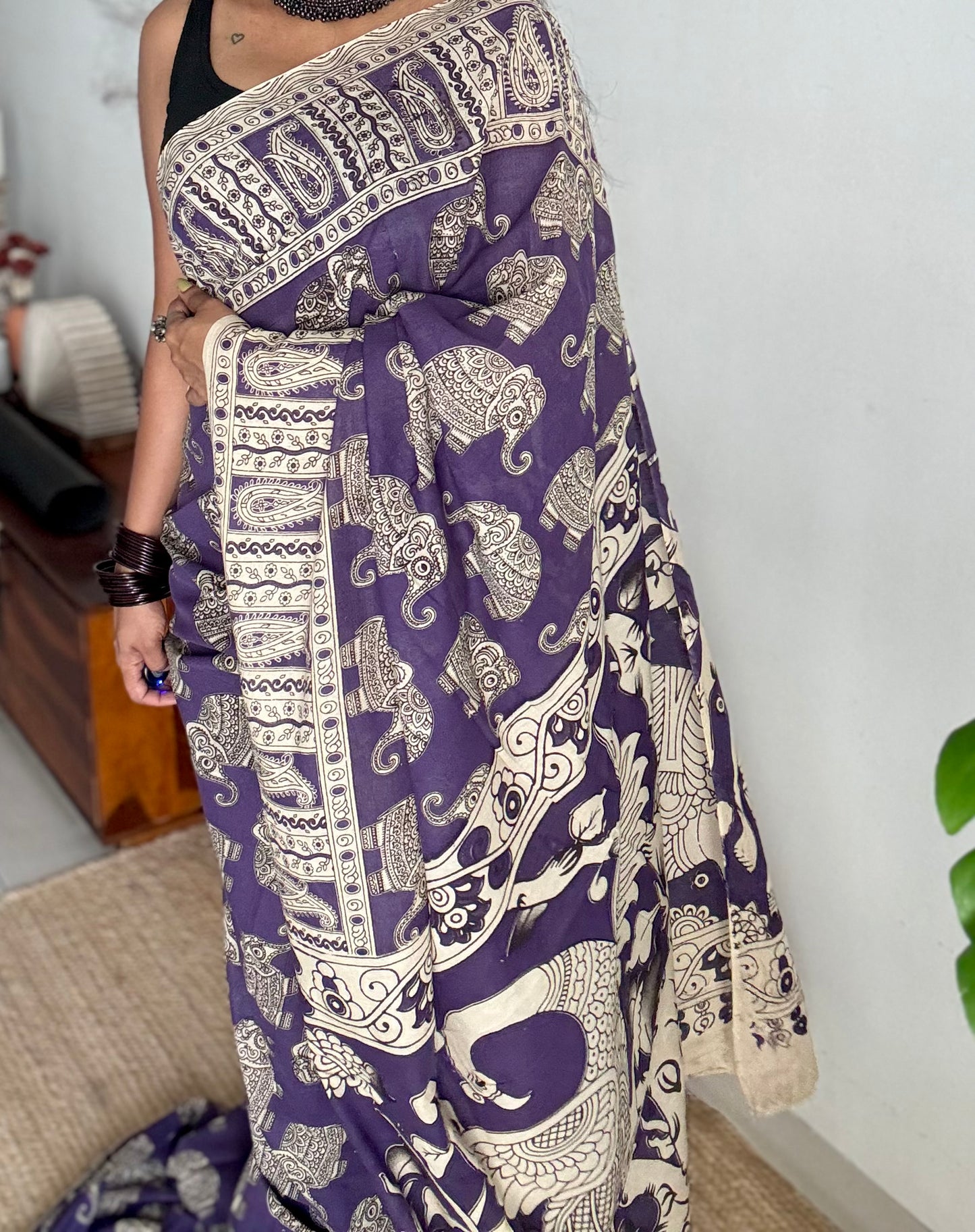 Purple kalamkari saree, elephant motifs, soft cotton - YCWOTDMA351