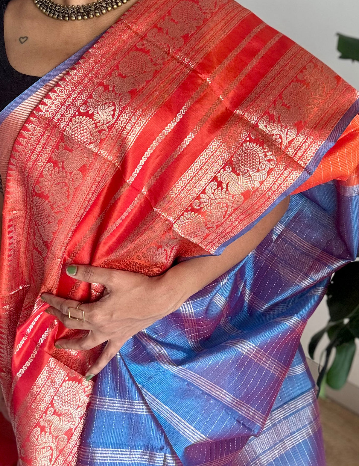 Orange with blue silver zari checks, silver and gold peacock woven zari border, mangalgiri silk cotton, handwoven, soft, light weight - YCWOTDMSCOC122
