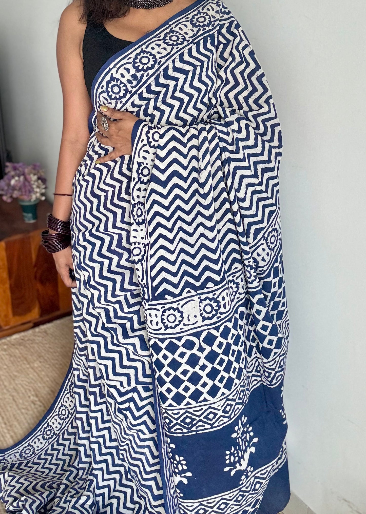 Beige with indigo zig zag motifs, block printed soft cotton saree - YCTORCMA22