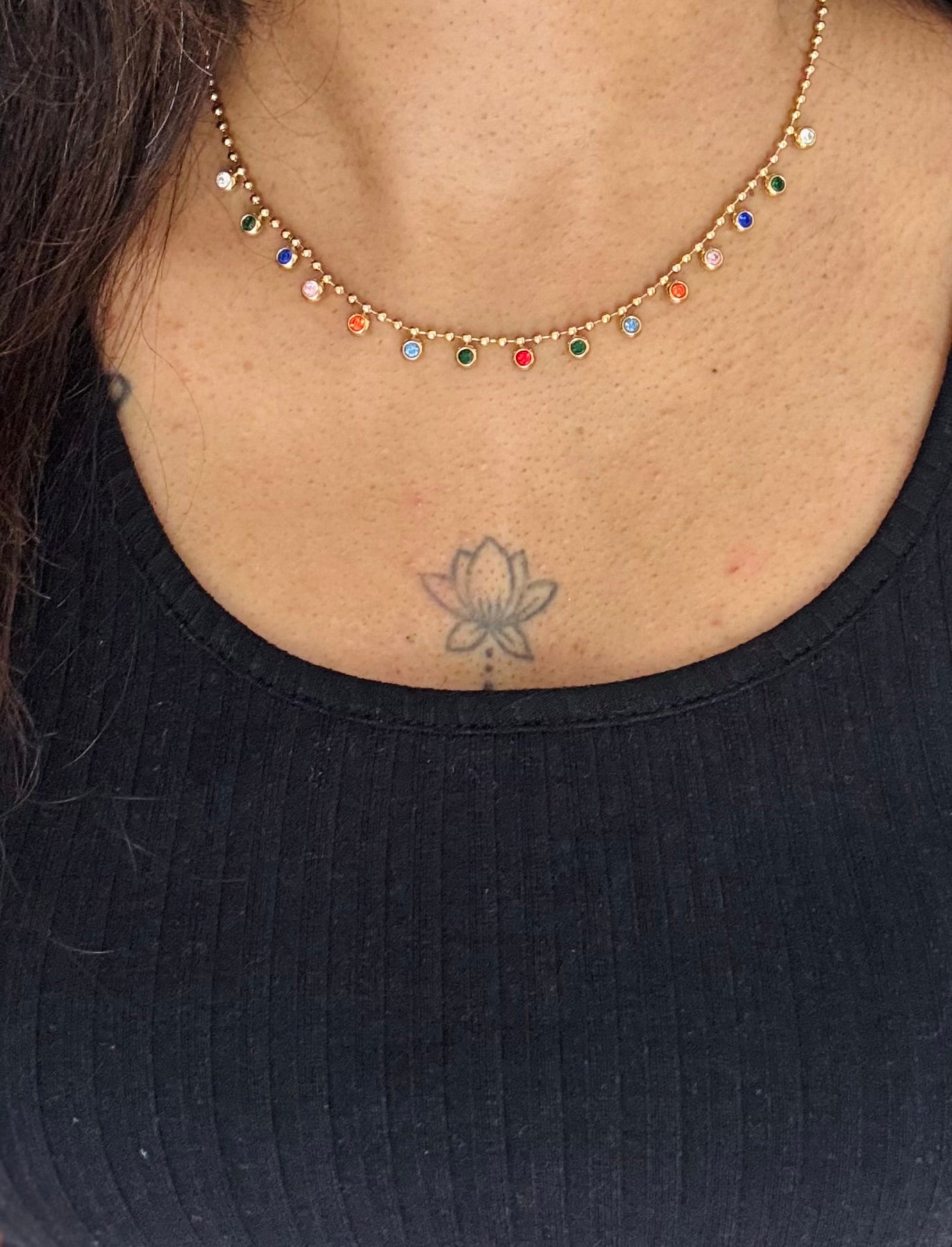 Gold plated chain, multi-coloured stones - YCGPC409