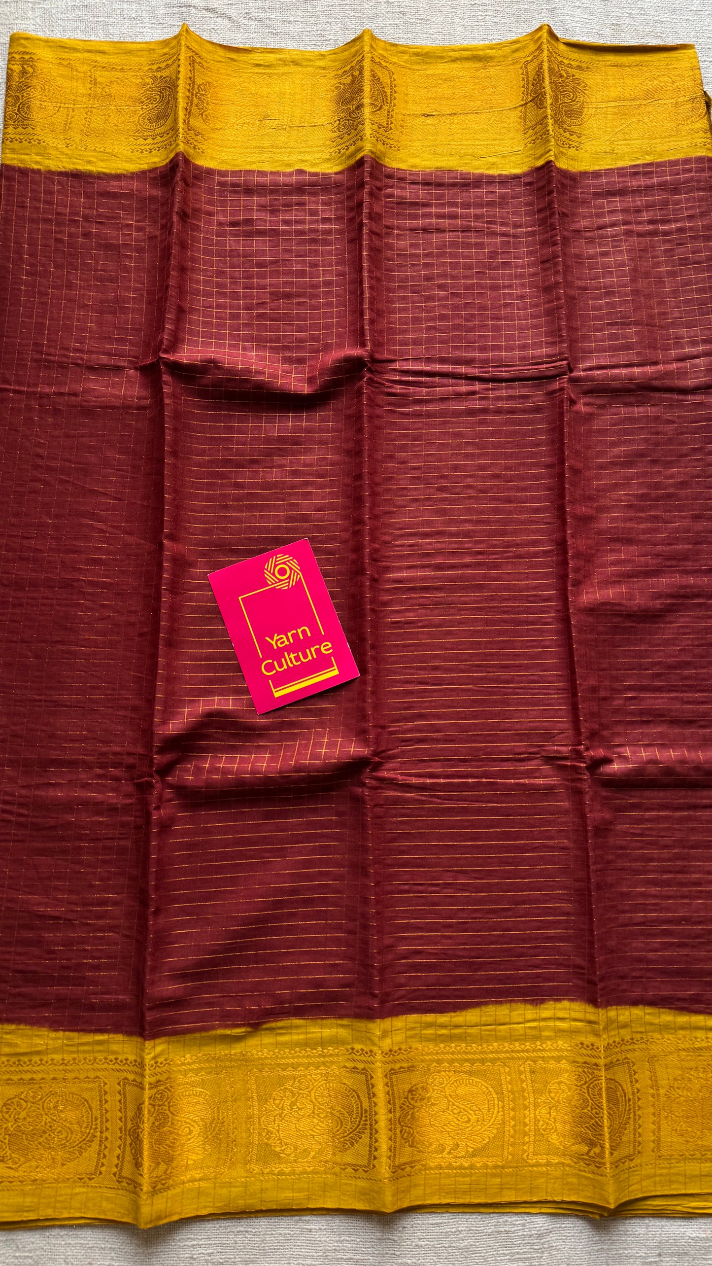 Brown with yellow contrast, zari checkered sungudi, kattuchayam dyed madurai cotton - YCCOTNMSFE333