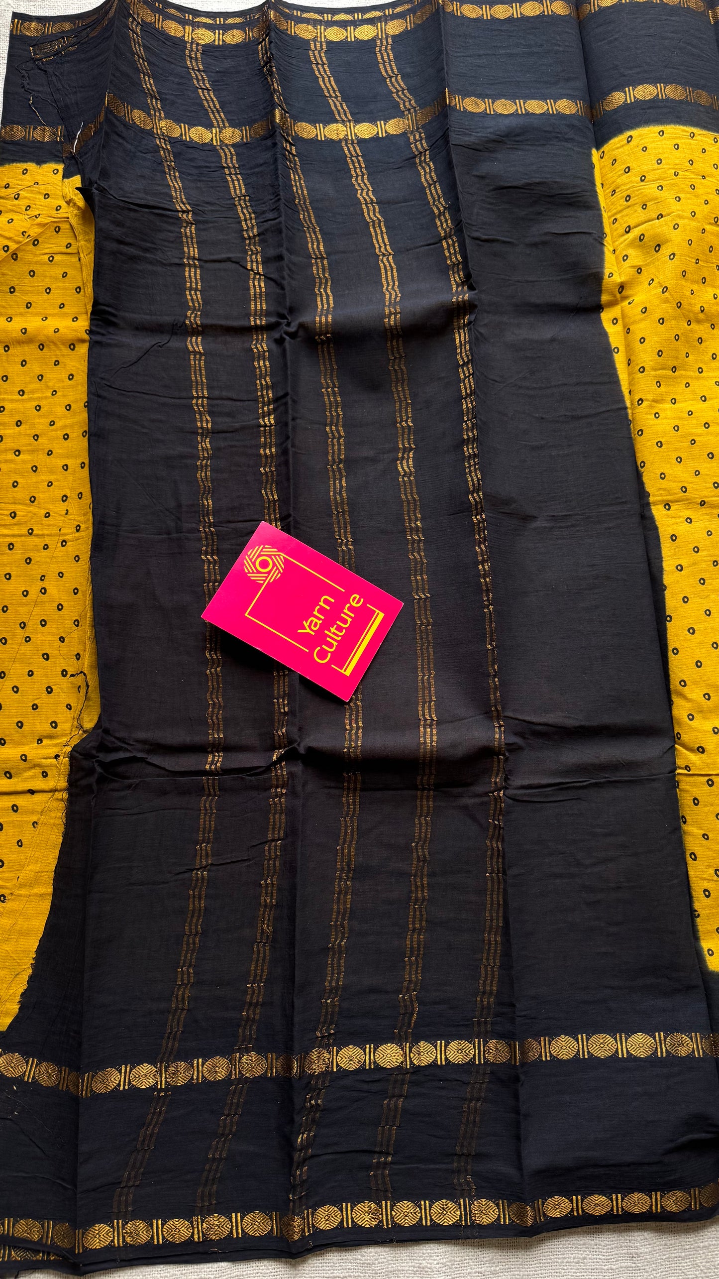 Yellow with black, sungudi motif and rudraksham border, madurai soft cotton - YCCOTNAUSC02