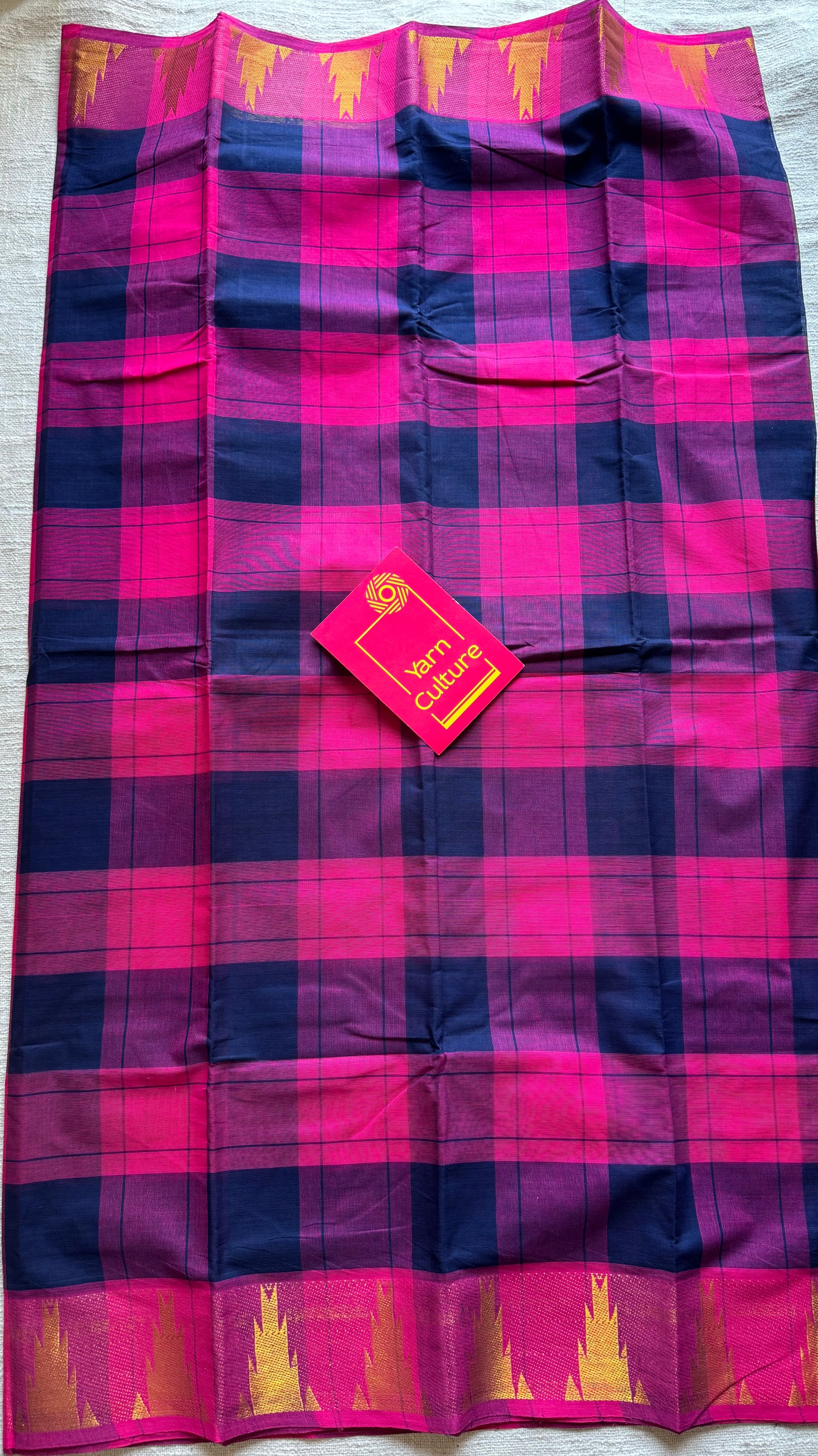 Chettinad cotton saree with pink and navy checks, temple motif border - YCCOTNAP58