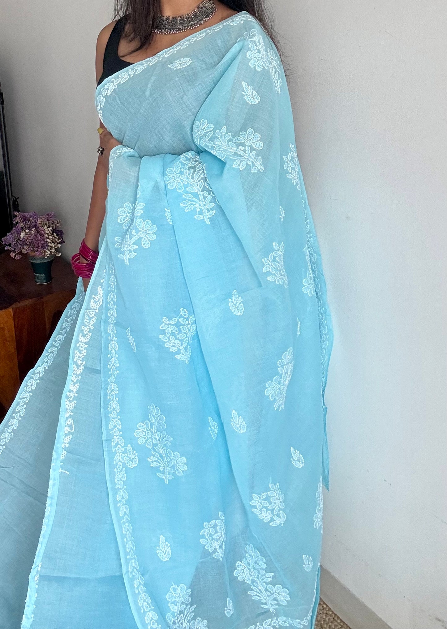 Falak - sky blue hand-embroidered chikankari cotton saree - YCLCKFE424
