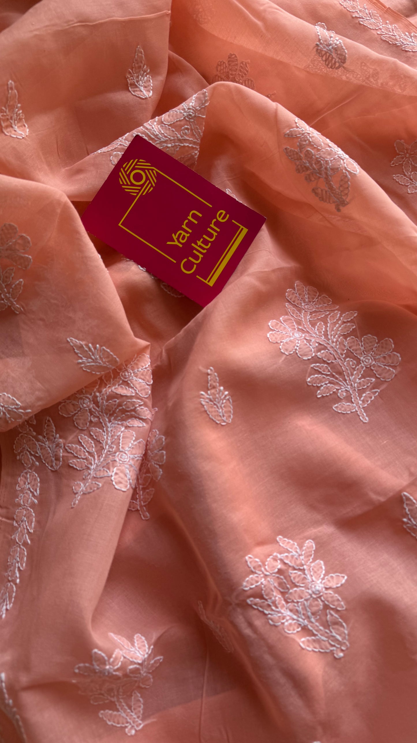 Sukun - musk, light peach hand-embroidered chikankari cotton saree - YCLCKFE425