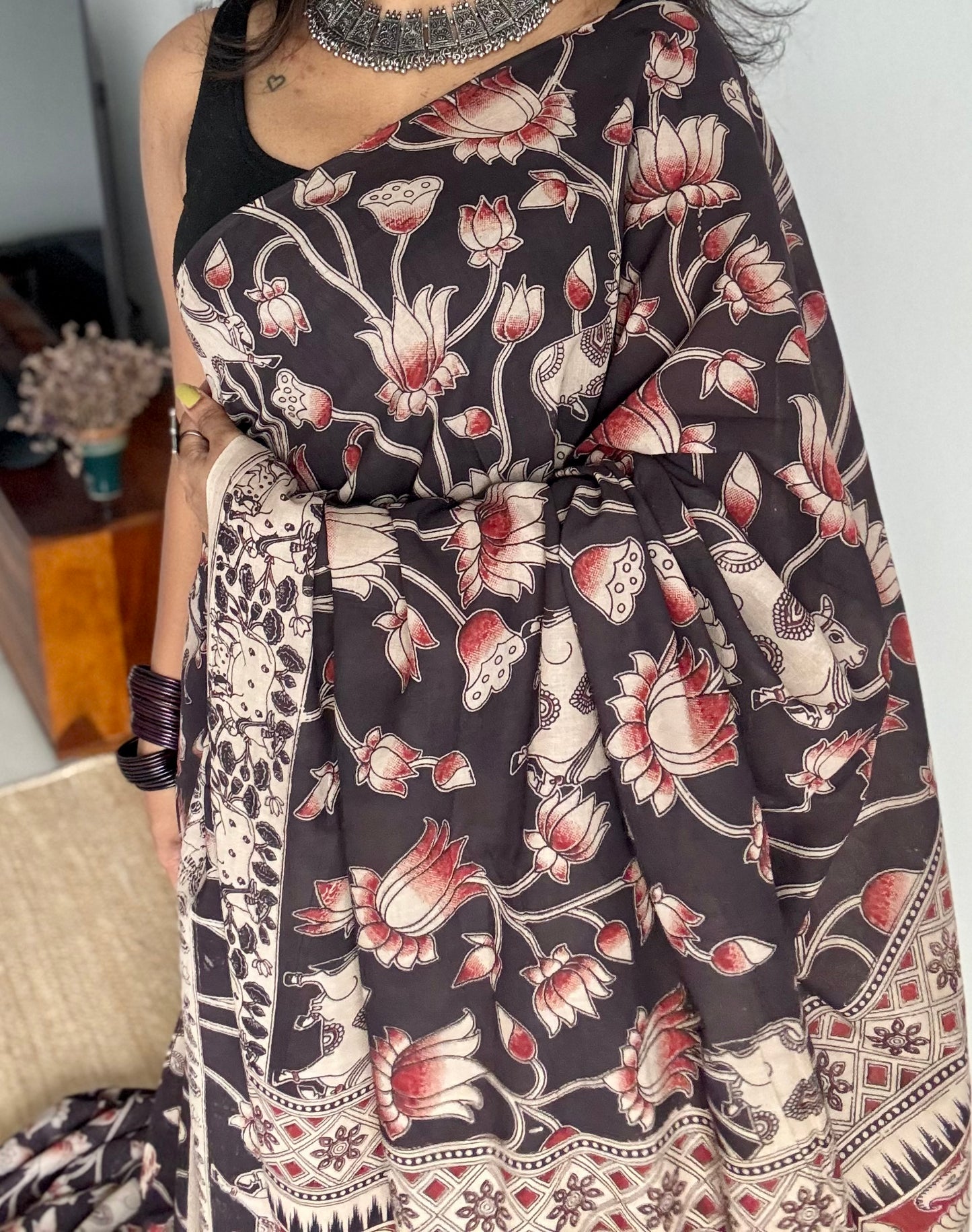 Black with brick red pichwai motif kalamkari, soft cotton - YCWOTDOCMP87