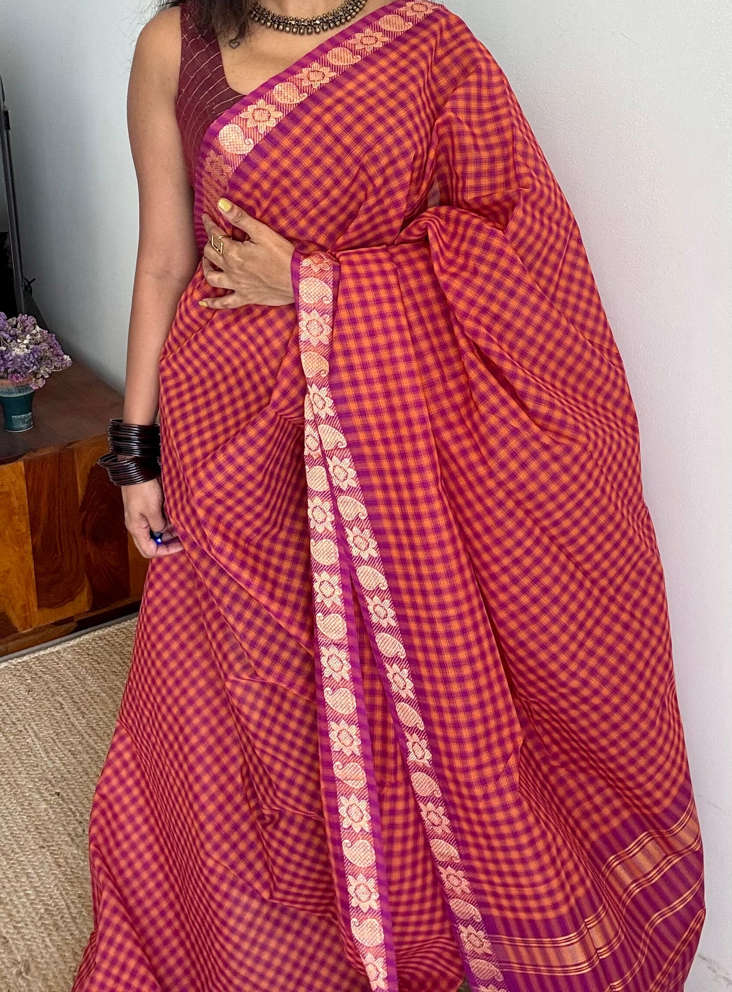 Magenta Chettinad cotton saree with orange checks - YCCOTNCCFE146
