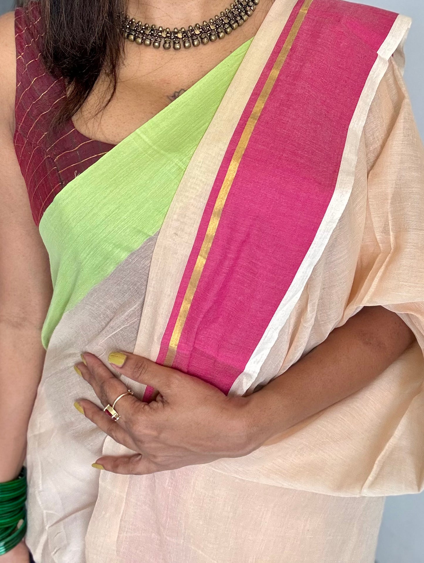 Sandal mul saree with pink and pista green borders - YCBCMCFE292