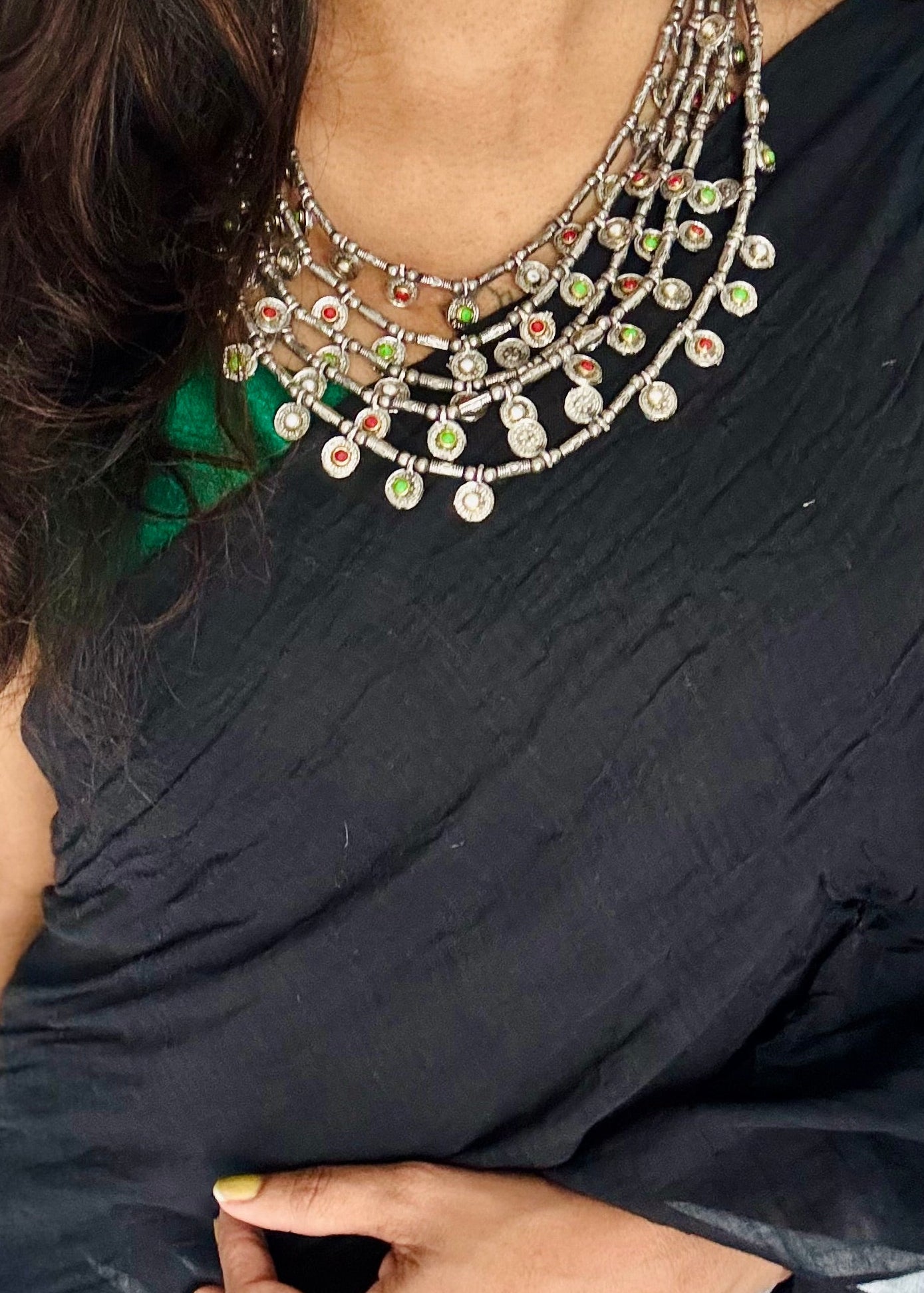 Multilayered coin necklace with coloured stones, oxidised silver - YCOSNP447