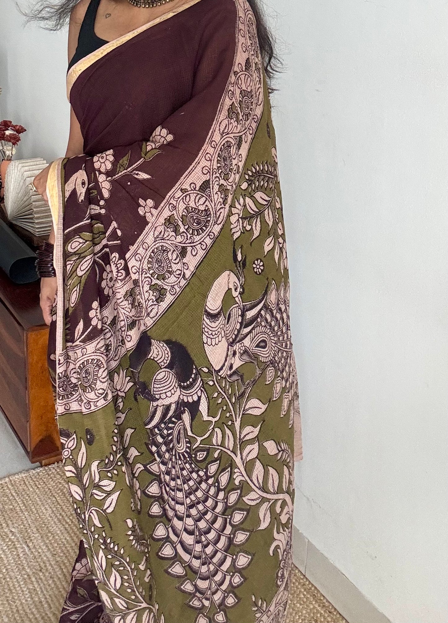 Purple brown floral kalamkari saree in kota - YCWOTDMA355