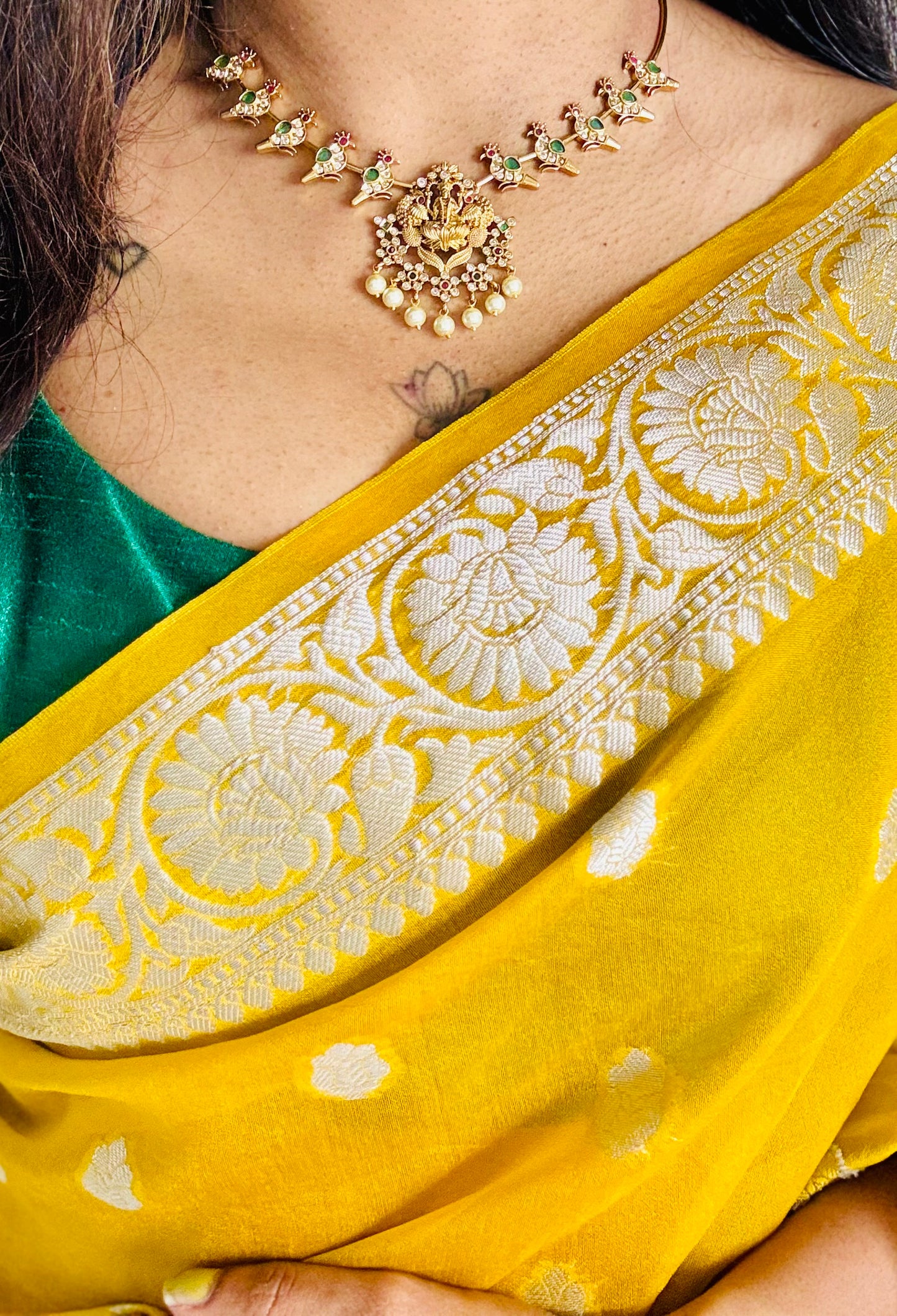 Green white ruby stones parrot hasli, Lakshmi pendant, with earrings - YCGPNP618