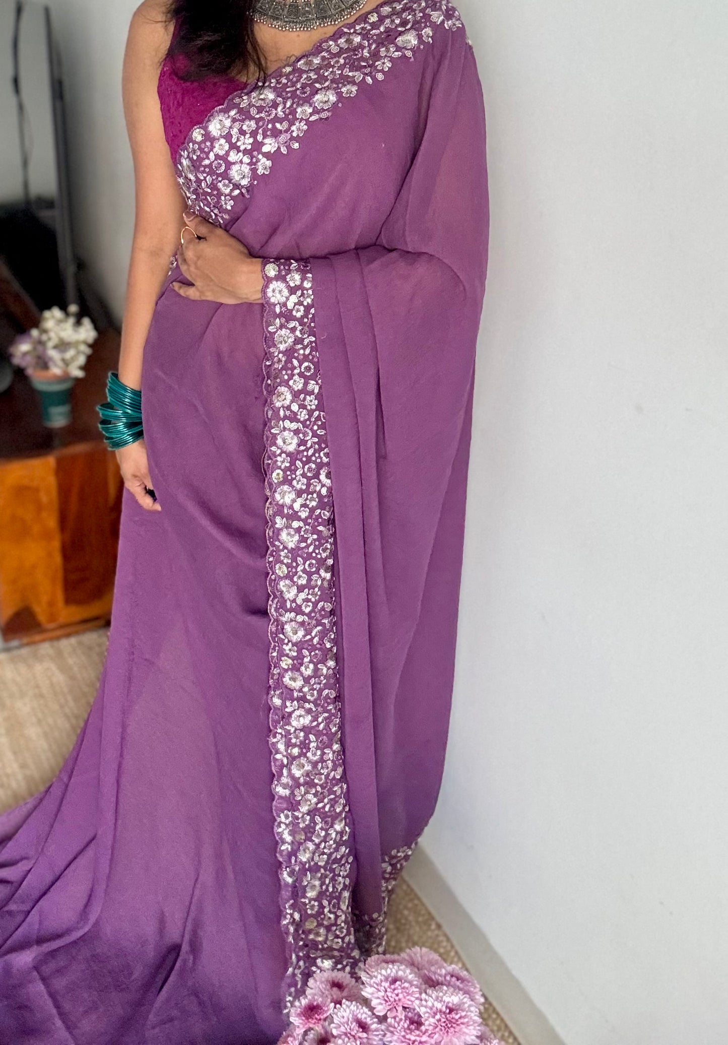 Purple Garden - dark purple with floral sequins embroidered borders, semi-crepe- YCDOSNO47