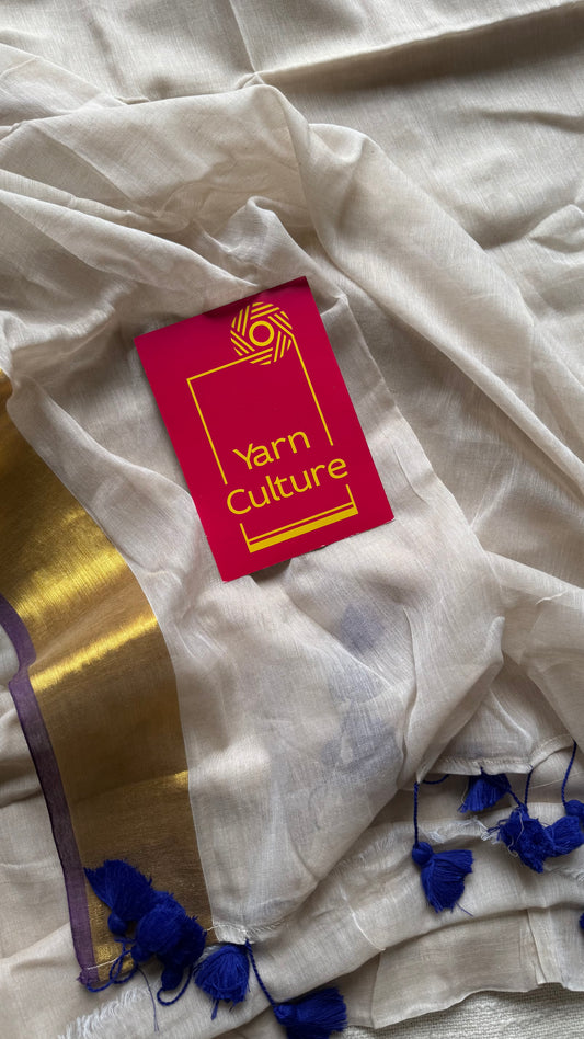 Greyish ivory with violet and gold zari border, mul cotton - YCONBCM221