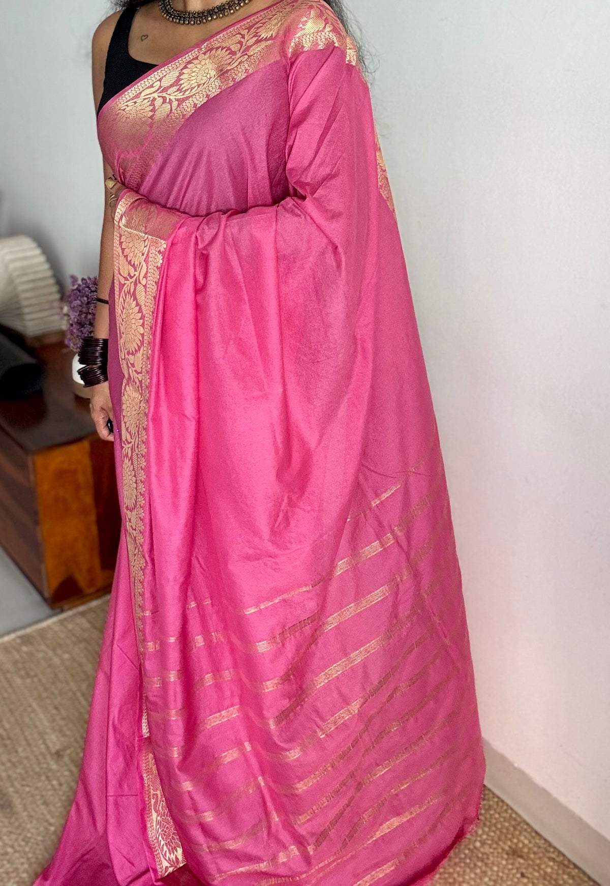 Pink, semi crepe silk saree with antique gold floral border - YCLOKOC55