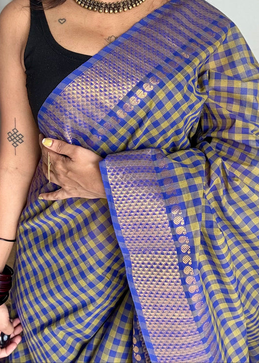 Chettinad cotton saree with green and blue checks, zari motif border - YCCOTNCKSE46