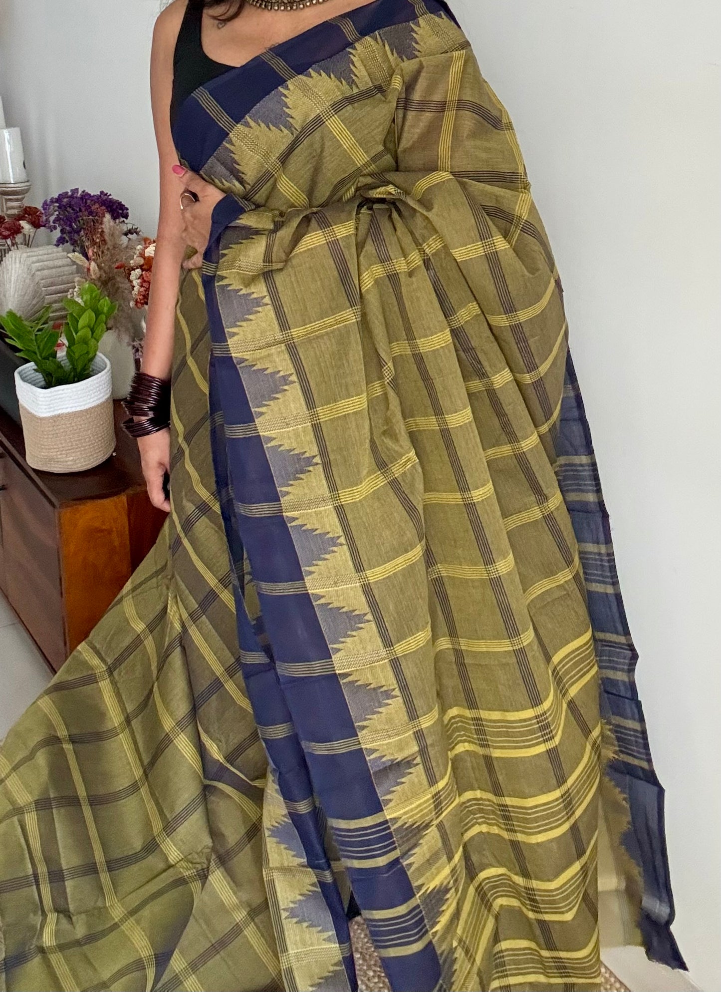Chettinad cotton saree with olive green and navy checks, temple motif border - YCCOTNAP67