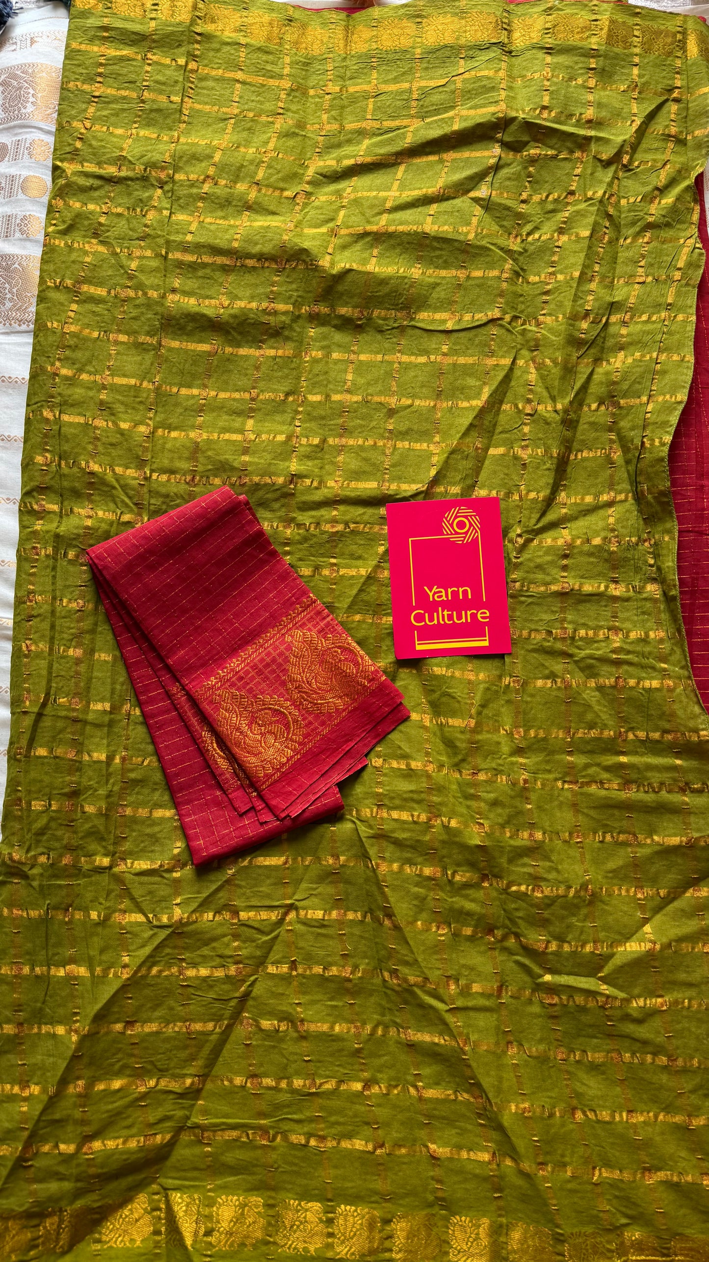 Green with chilli red checks, sungudi cotton half-half saree - YCCOTNIDMA282