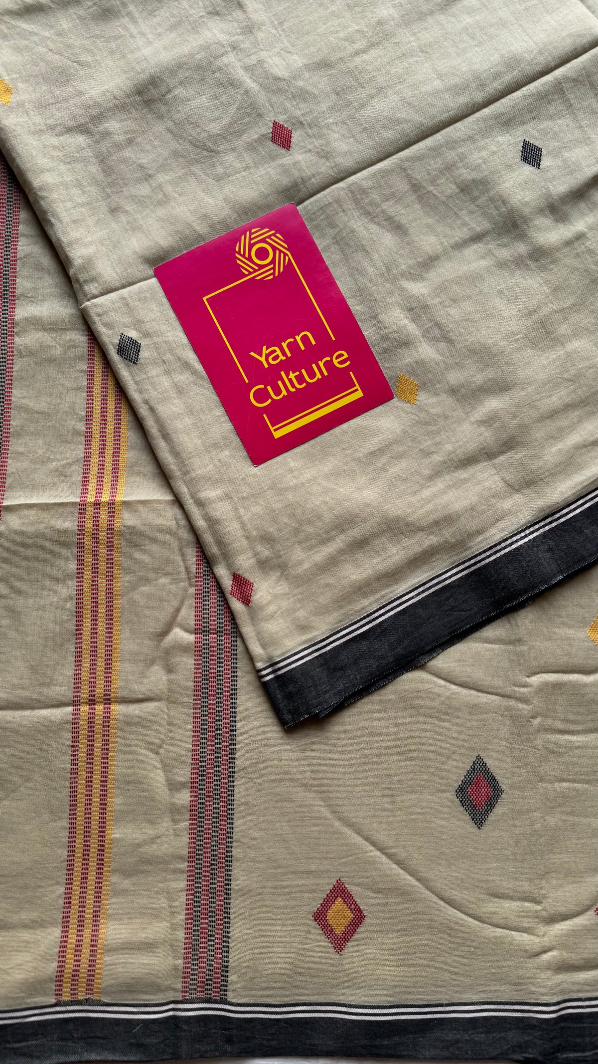 Handloom Bengal soft cotton saree, beige with woven buttas and black borders - YCBCMCSE39