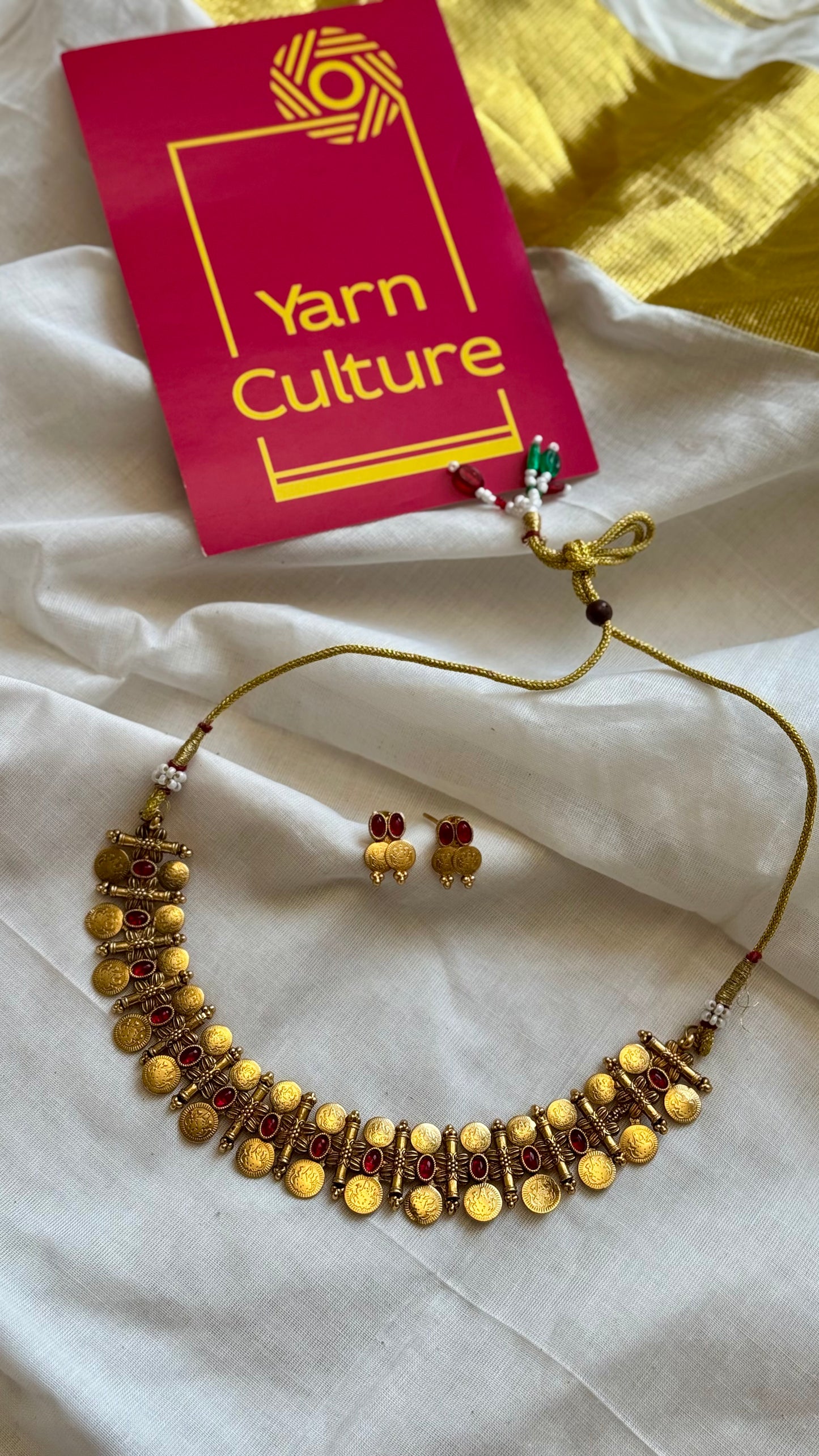 Coin necklace with ruby stones, with earrings - YCGPNP610