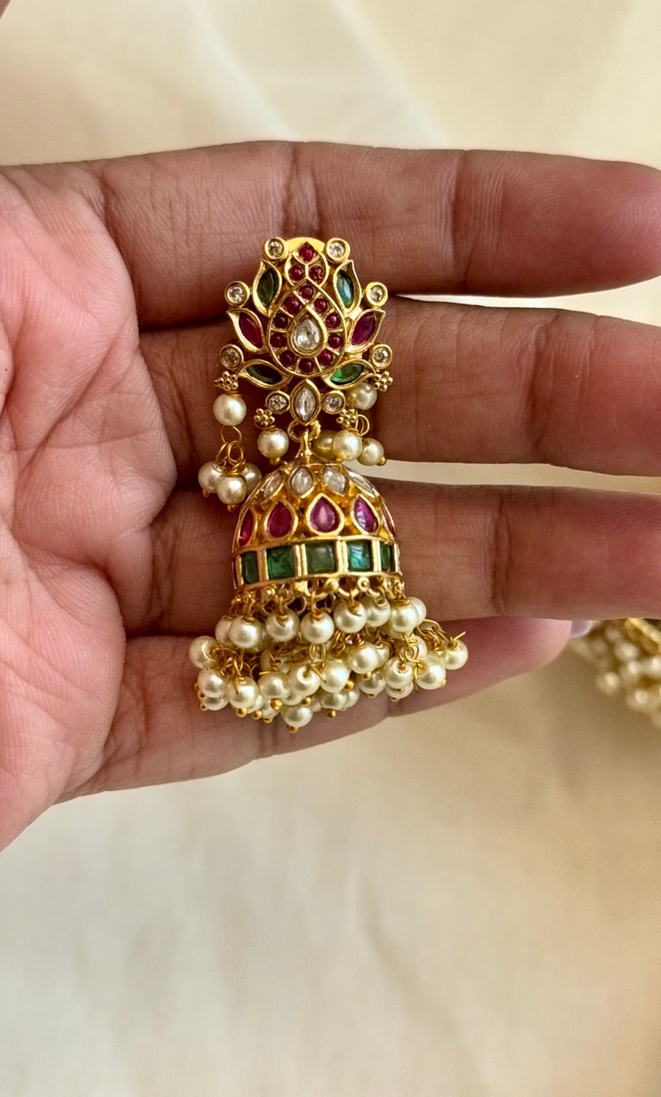 Ruby green pearl drops medium jhumka 1 - YCGPER828